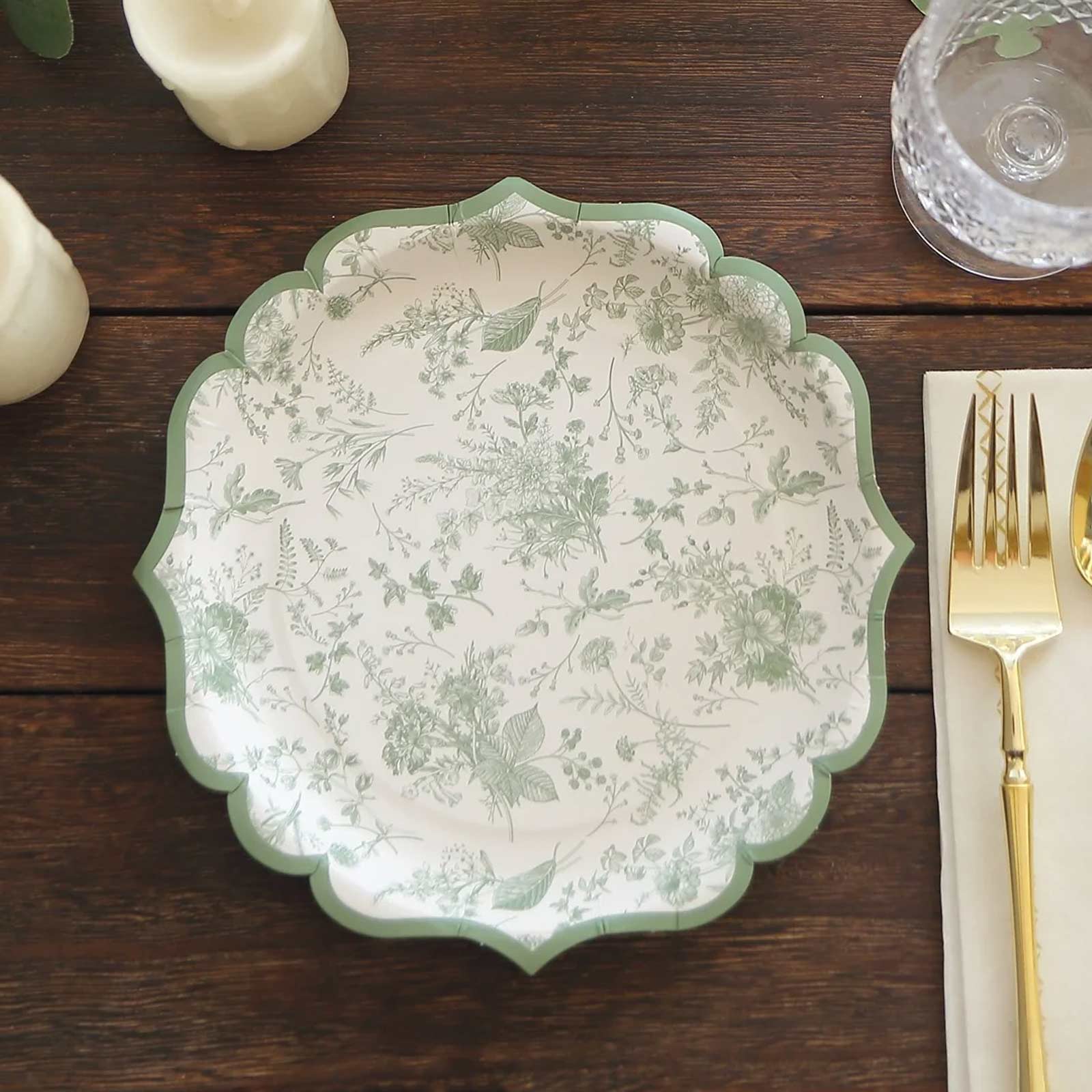 25-Pack Paper 8 Round Dessert Plates in White with Sage Green French Toile Design & Scalloped Rim - Disposable 300GSM Salad Appetizer Plates for Stylish Table Decor