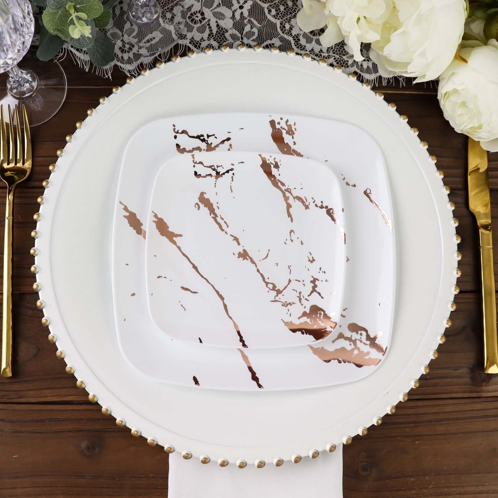 10-Pack Plastic 8 Square Dessert Plates in White with Rose Gold Marble Design - Disposable Appetizer Salad Party Plates