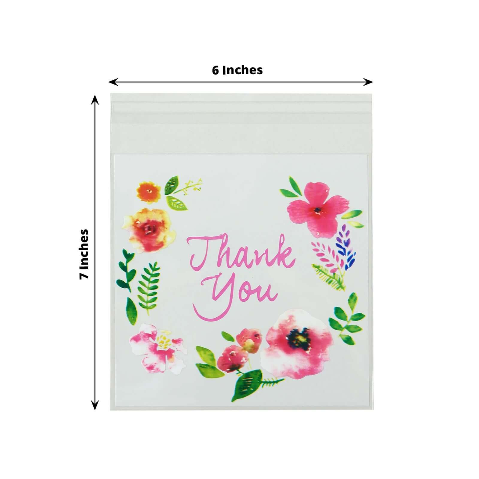 100-Pack PVC Cookie Candy Bags White/Clear - Decorative Self Adhesive Goodie Bags With Thank You Print & Floral Accents for Stylish Wedding Birthday Party Favors 6x7