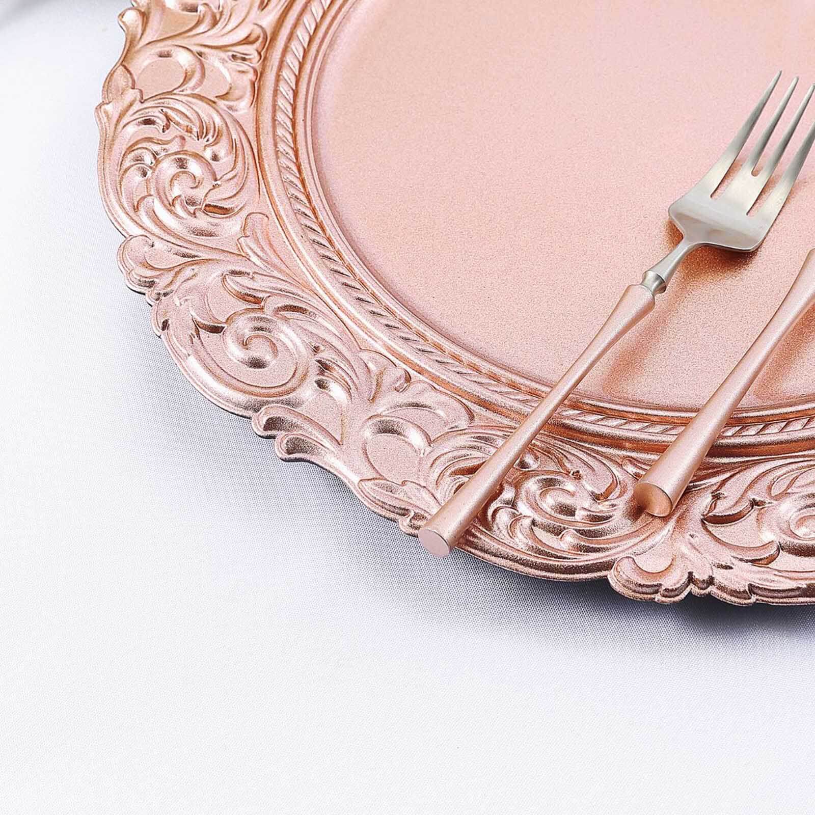 6-Pack Acrylic Round Charger Plates 14 in Rose Gold with Engraved Baroque Rim, Vintage Disposable Decorative Chargers