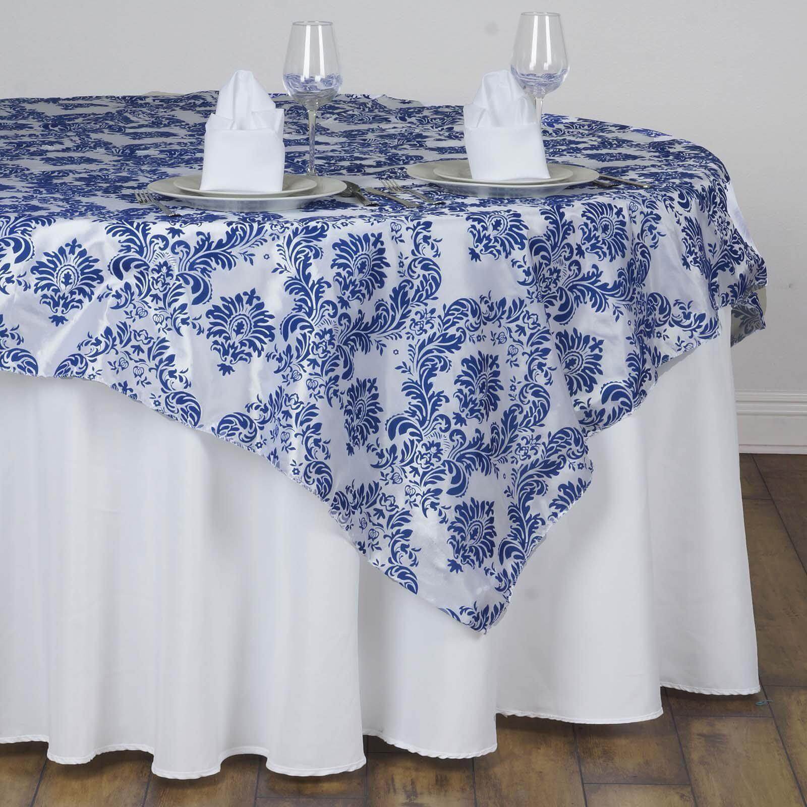 Flocking 60x60 Table Overlay Square Tablecloth Royal Blue - Damask Table Cover