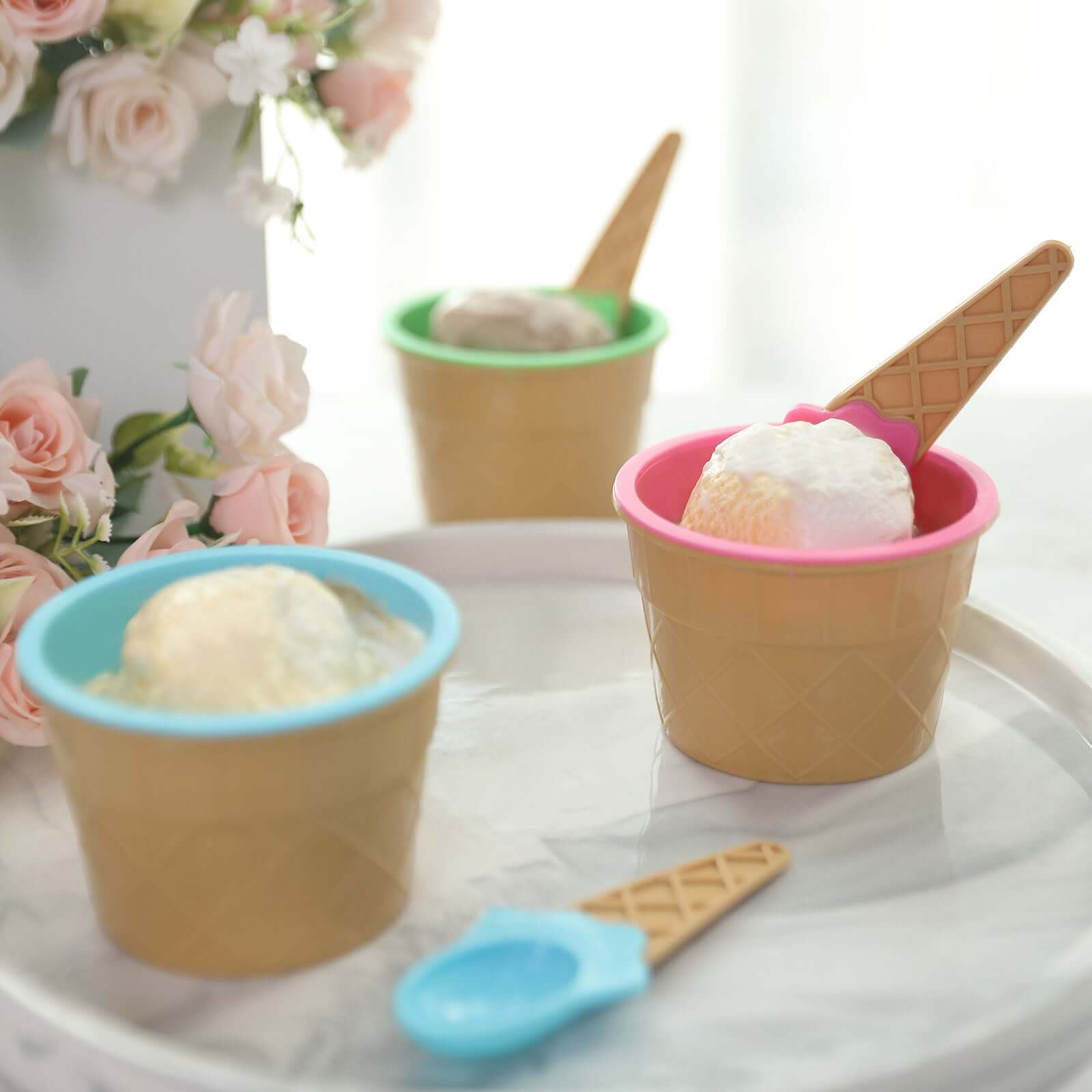 Set of 6 Plastic Dessert Cups Waffle Design Blue, Green, Pink - Includes Matching Spoons 5oz