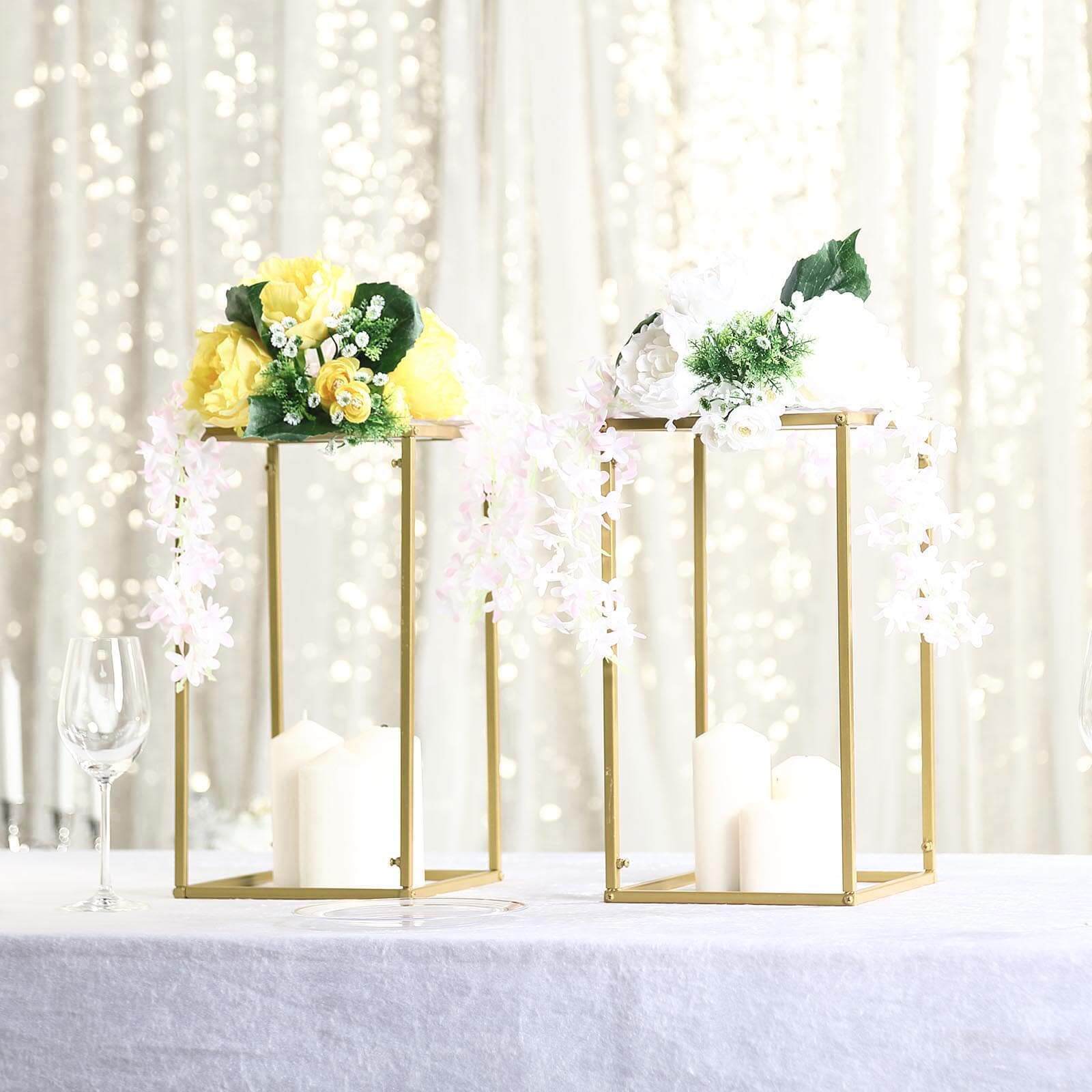 2-Pack Wedding Flower Stand Gold Metal Geometric Column Frame Rectangular - Versatile Floral Pedestal for Sophisticated Arrangements 16