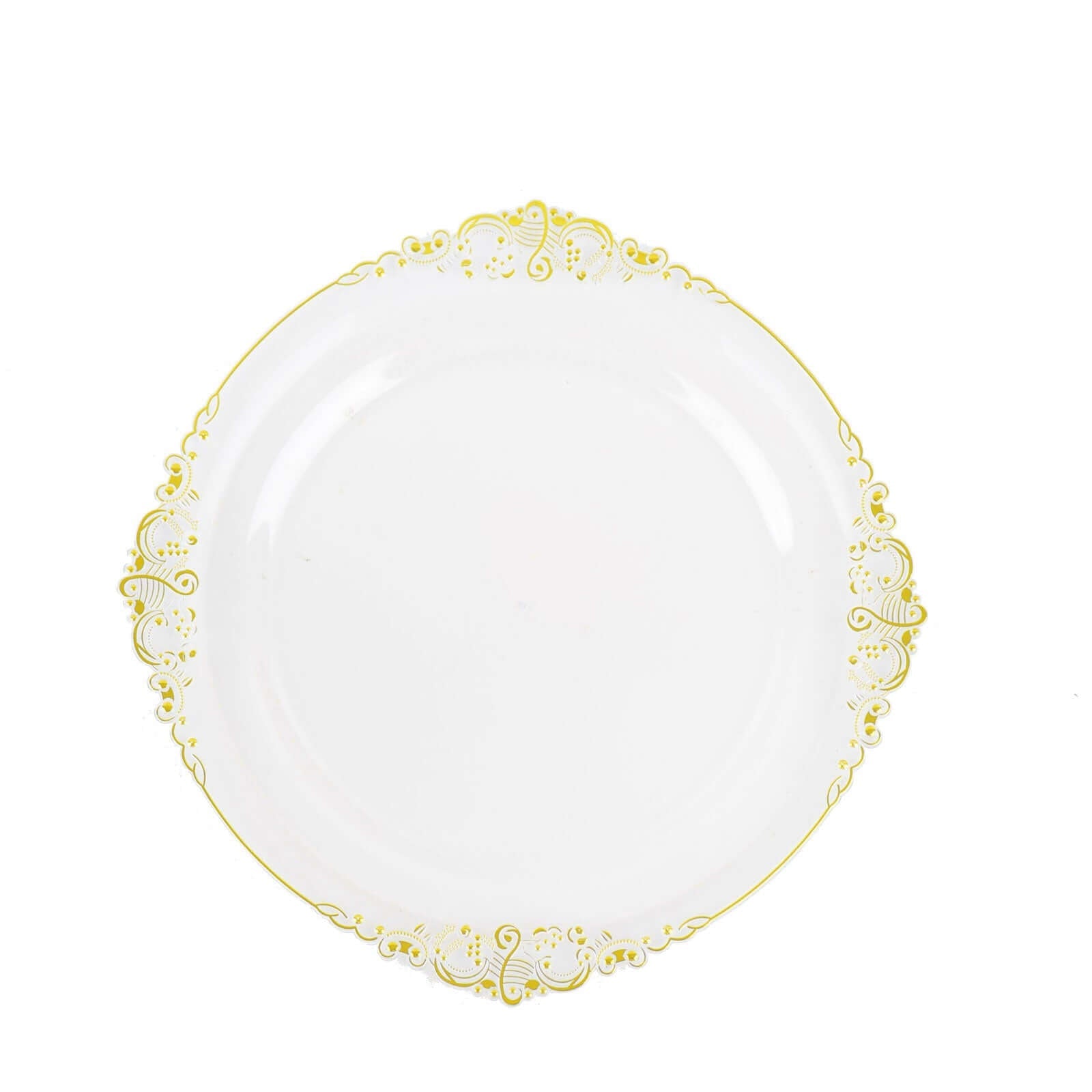 10-Pack Plastic 10 Round Dinner Plates in Clear with Gold Leaf Embossed Rim - Disposable Vintage Baroque Style Plates