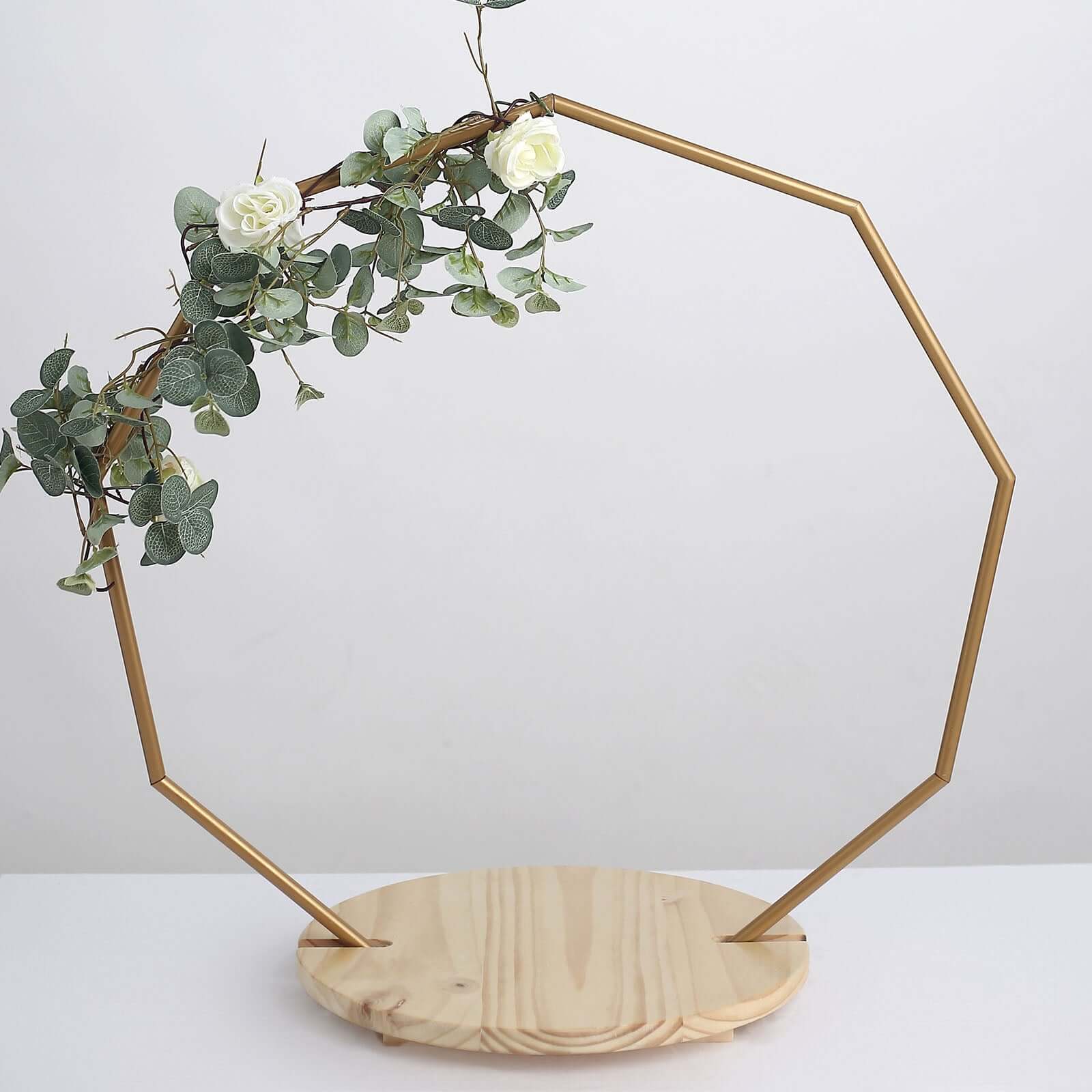 Metal Nonagon Floral Hoop Cake Stand Gold - Chic Geometric Dessert Display DIY Centerpiece Table Decoration With Wooden Base 27