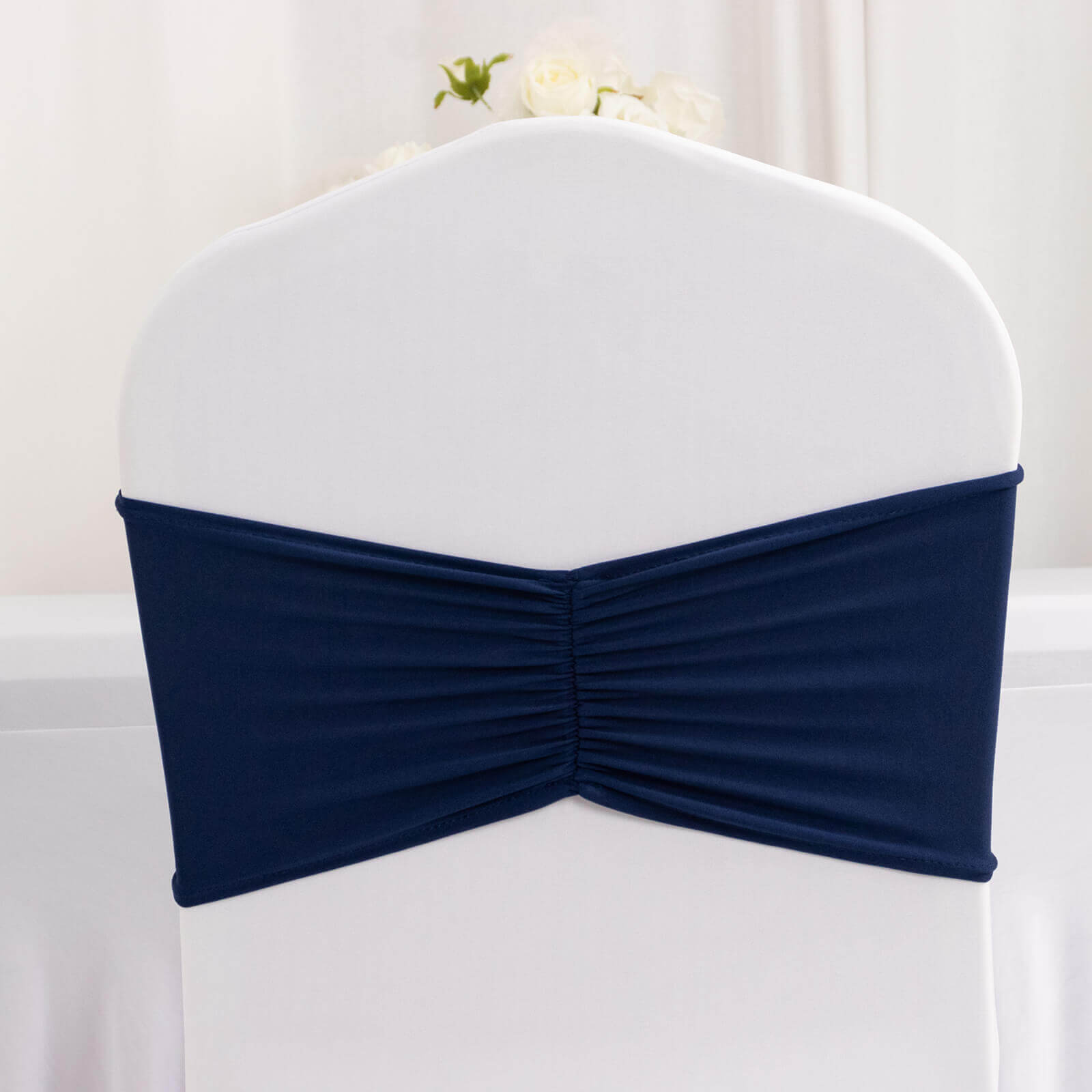 5 Pack Spandex Chair Sashes Navy Blue Ruffled Style - Wide Easy to Use Stretch Chair Bands 8x13