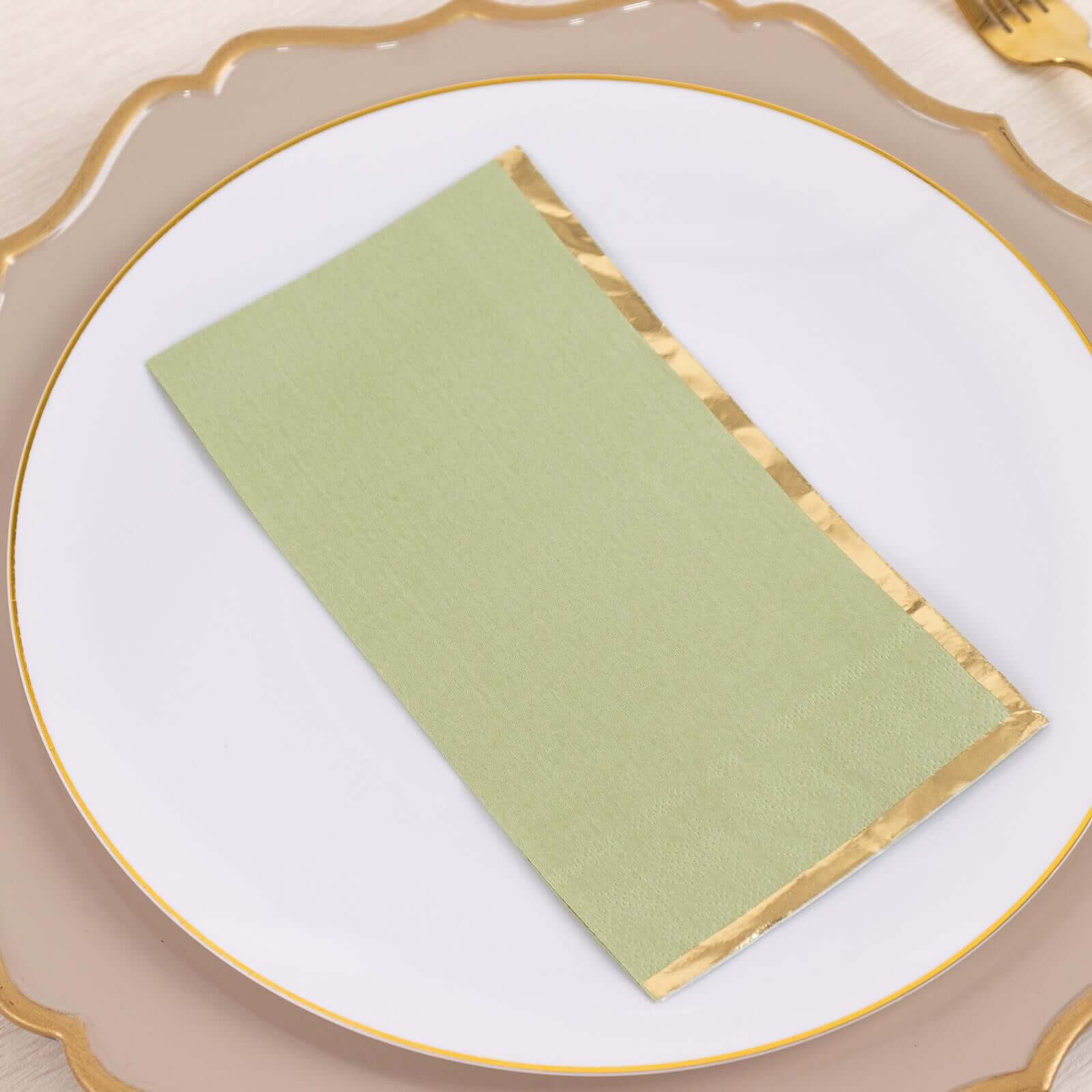 50-Pack Paper Dinner Napkins Sage Green with Gold Foil Edge 2 Ply - Stylish Disposable Napkins