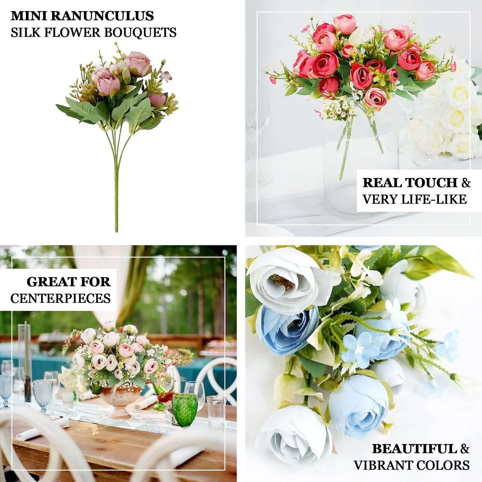 4 Pack 12 Artificial Navy Blue Ranunculus Silk Flower Bridal Bouquets, Faux Buttercup Floral Arrangement