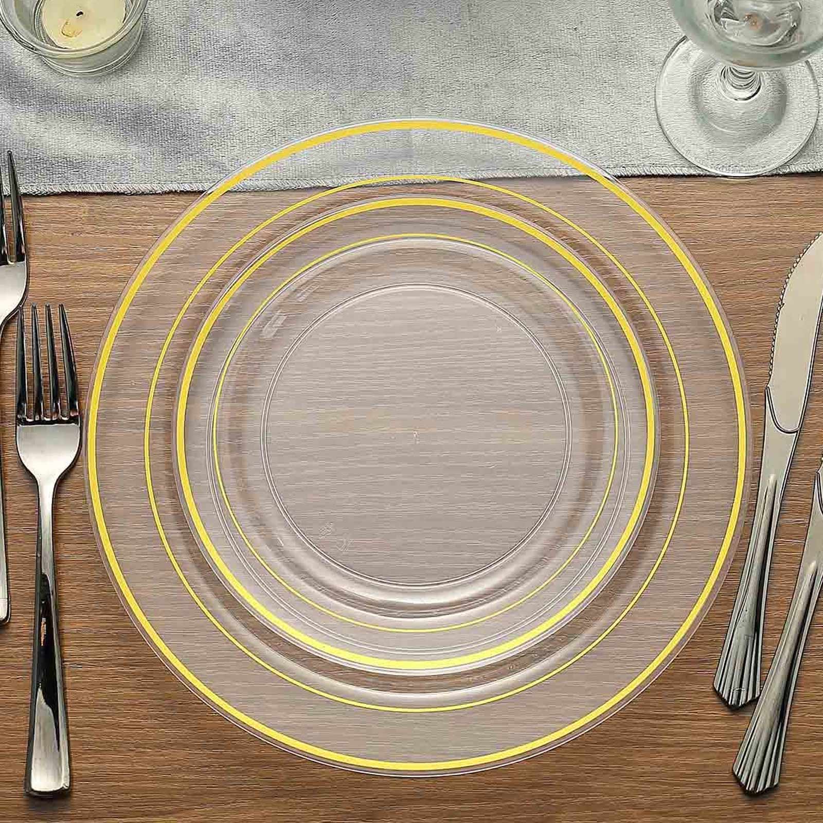 10-Pack Plastic Dessert Plates Clear with Très Chic Gold Rim - Disposable Plates for Parties 8