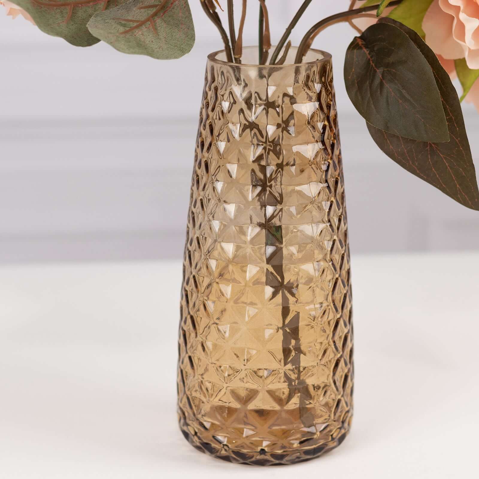 6-Pack Glass Urn Vases Amber Gold with Diamond Crystal Cut Pattern - Stylish Decorative Design for Event Decor 8.5