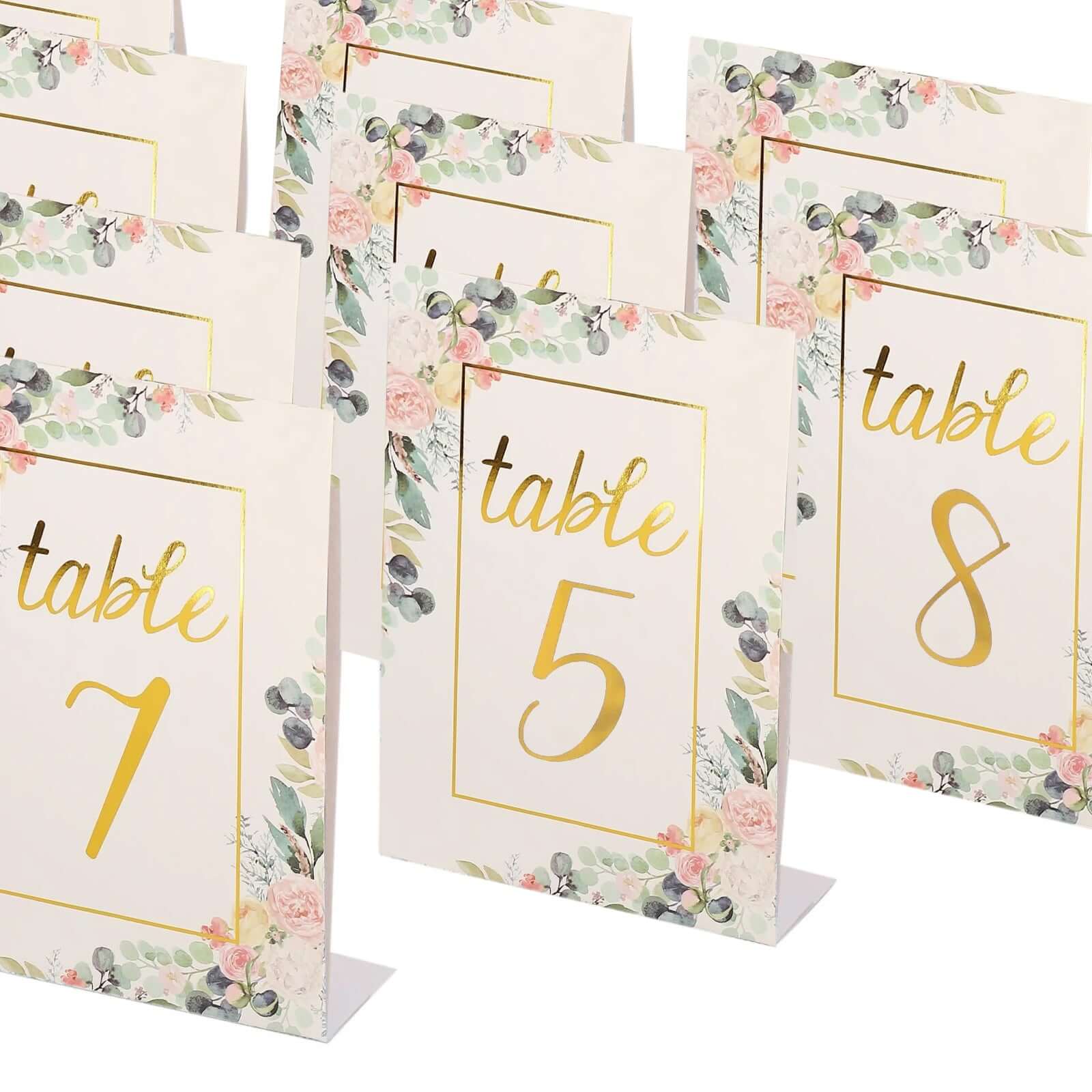 25-Pack Paper Wedding Table Numbers 1-25 White Peony Flower Design - Free Standing Double Sided Table Signs with Glam Gold Foil Numbers 7