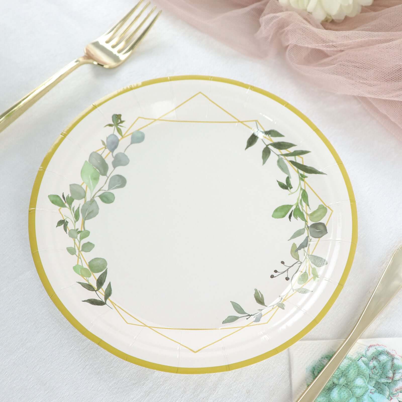 24-Pack Paper 7 Round Dessert Plates in White with Eucalyptus Leaves & Gold Rim - Disposable 300GSM Salad Plates for Garden Weddings & Celebrations