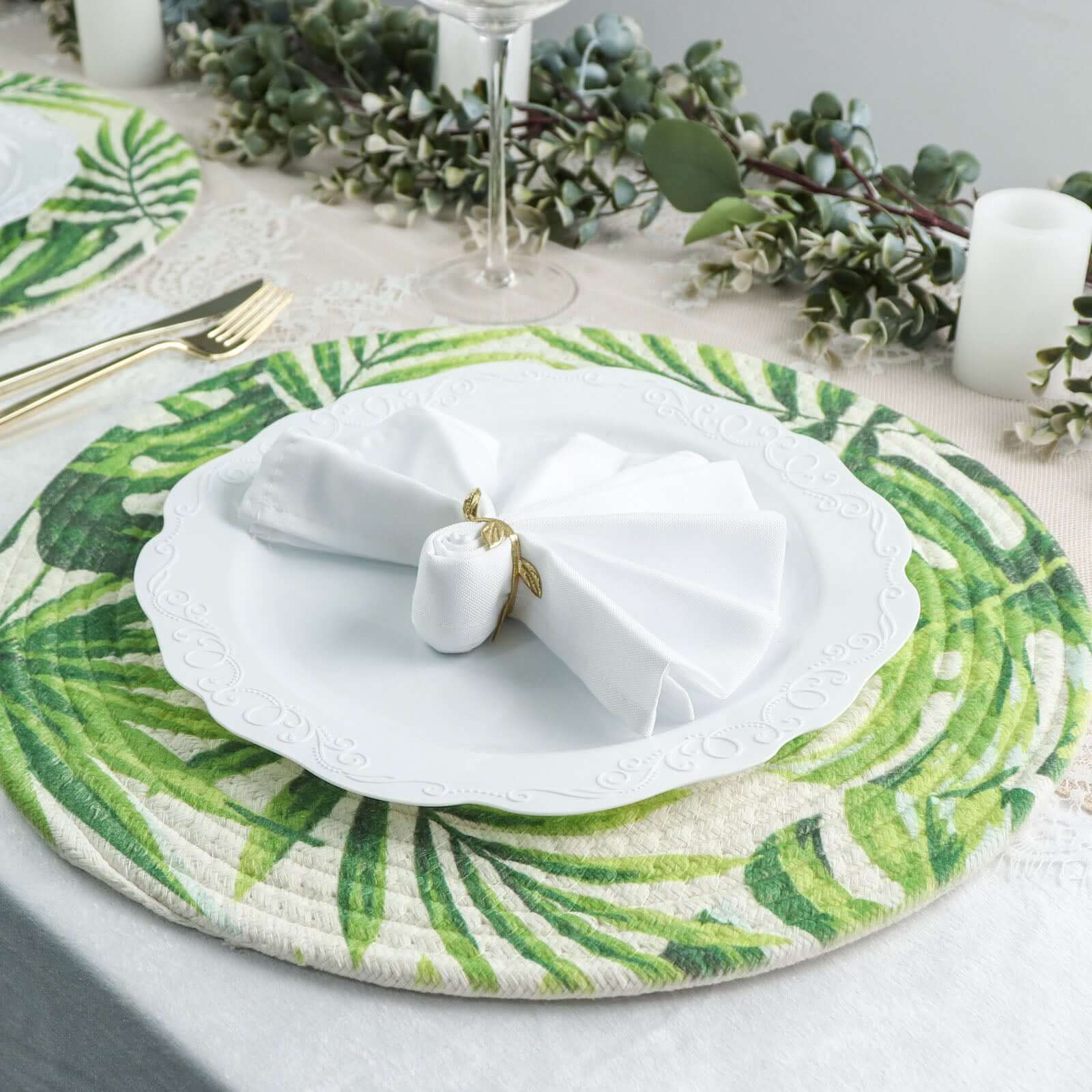 4-Pack Table Placemats Tropical Leaf Design Green Cotton Round - Woven Indoor/Outdoor Dining Mats 15