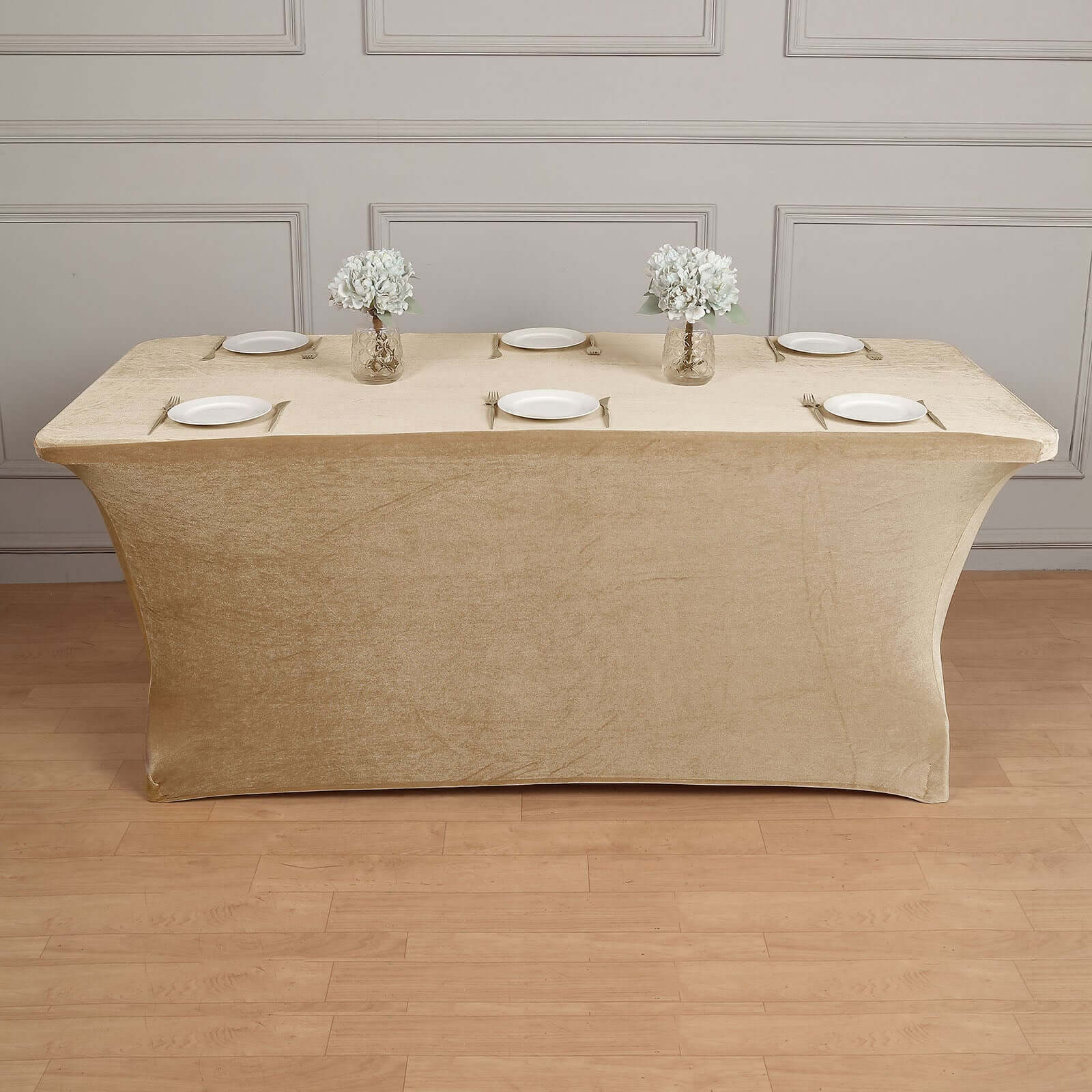 Velvet Spandex 6ft Rectangle Tablecloth Champagne - Fitted Wrinkle-Free Design for 72x30 Tables