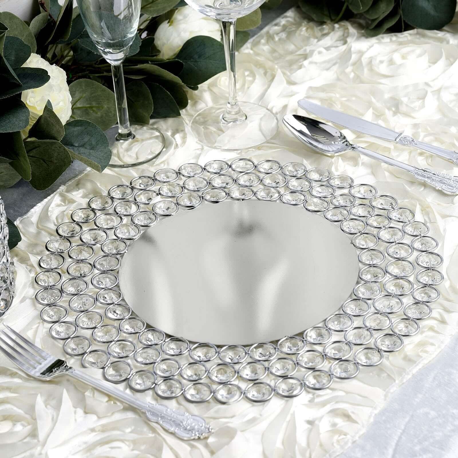 Wired Metal Round Charger Plate 14 in SIlver with Acrylic Crystal Beads, Glamorous Decorative Dinner Charger Tableware