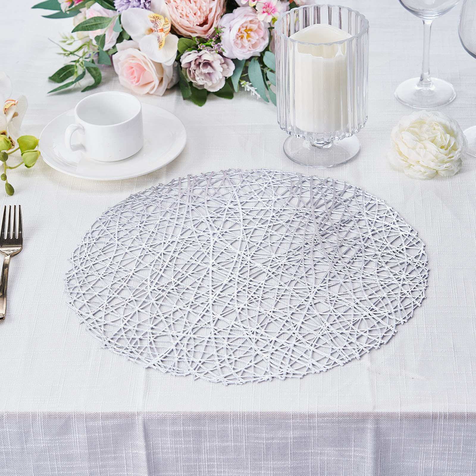 6-Pack Vinyl Placemats Silver Woven Design - Durable Non-Slip Round Table Mats for Dining 15