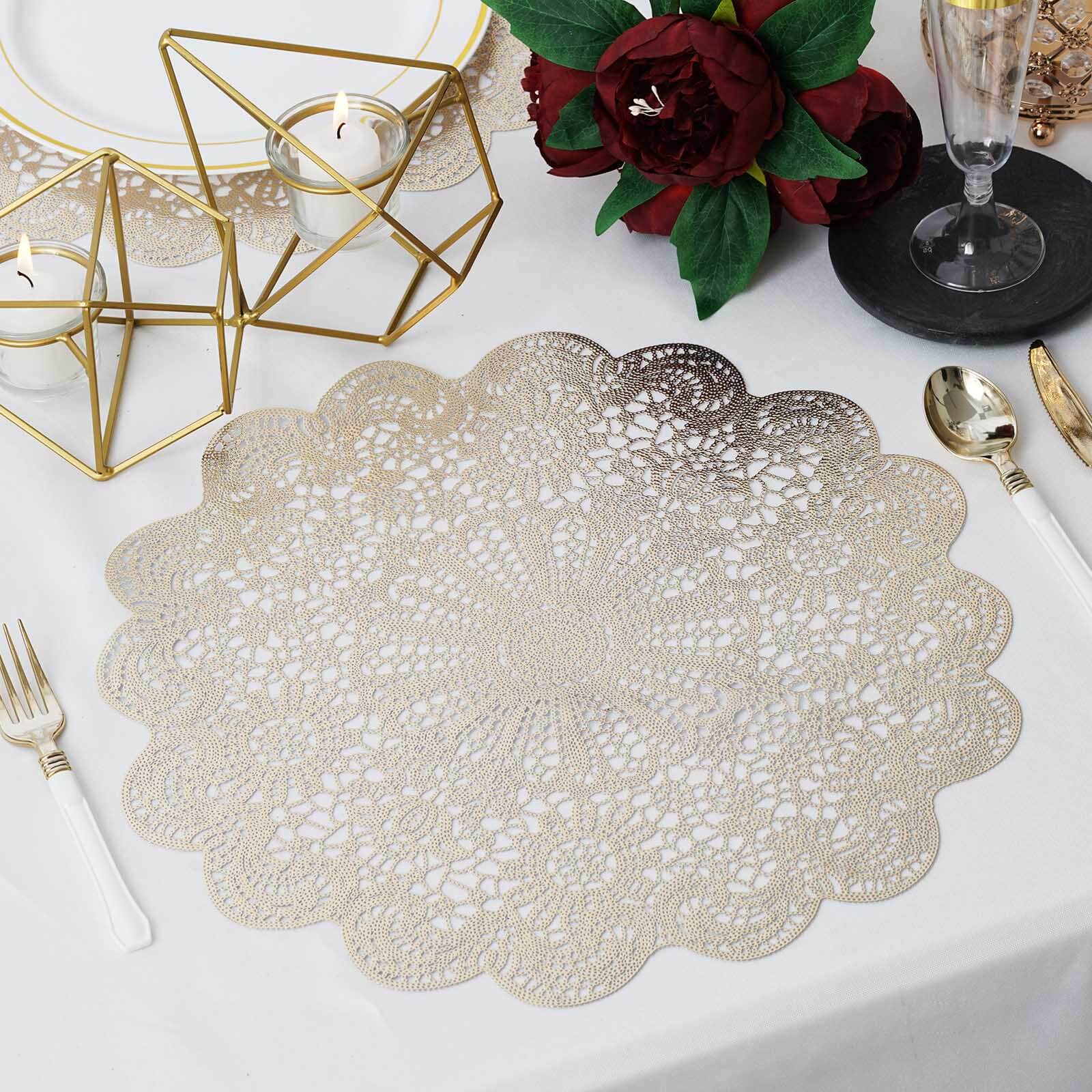 6-Pack Dining Table Mats Floral Lace Design Gold - Vinyl Non-Slip Surface with Vintage Appeal 15