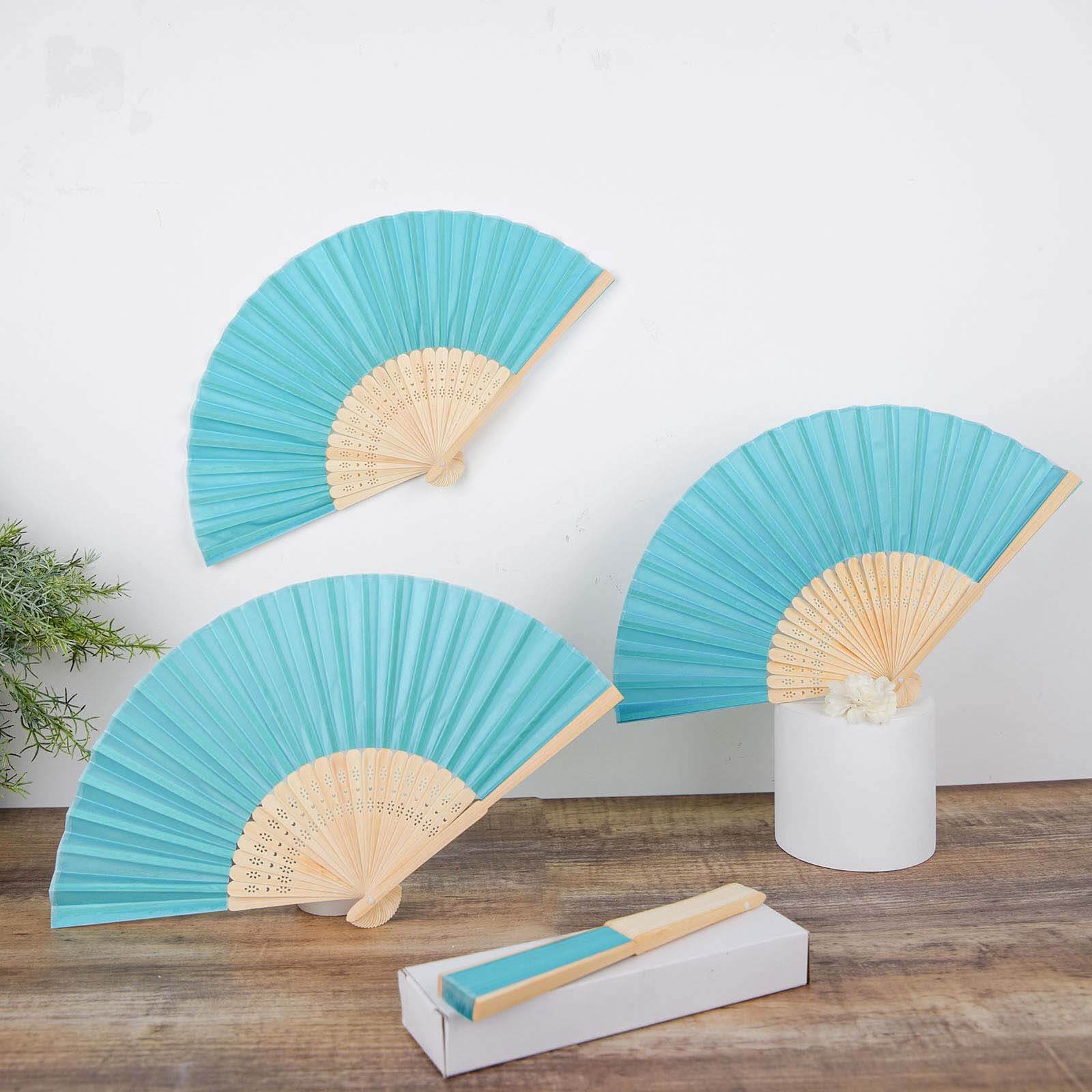 5 Pack Turquoise Asian Silk Folding Fans Party Favors, Oriental Folding Fan Favors