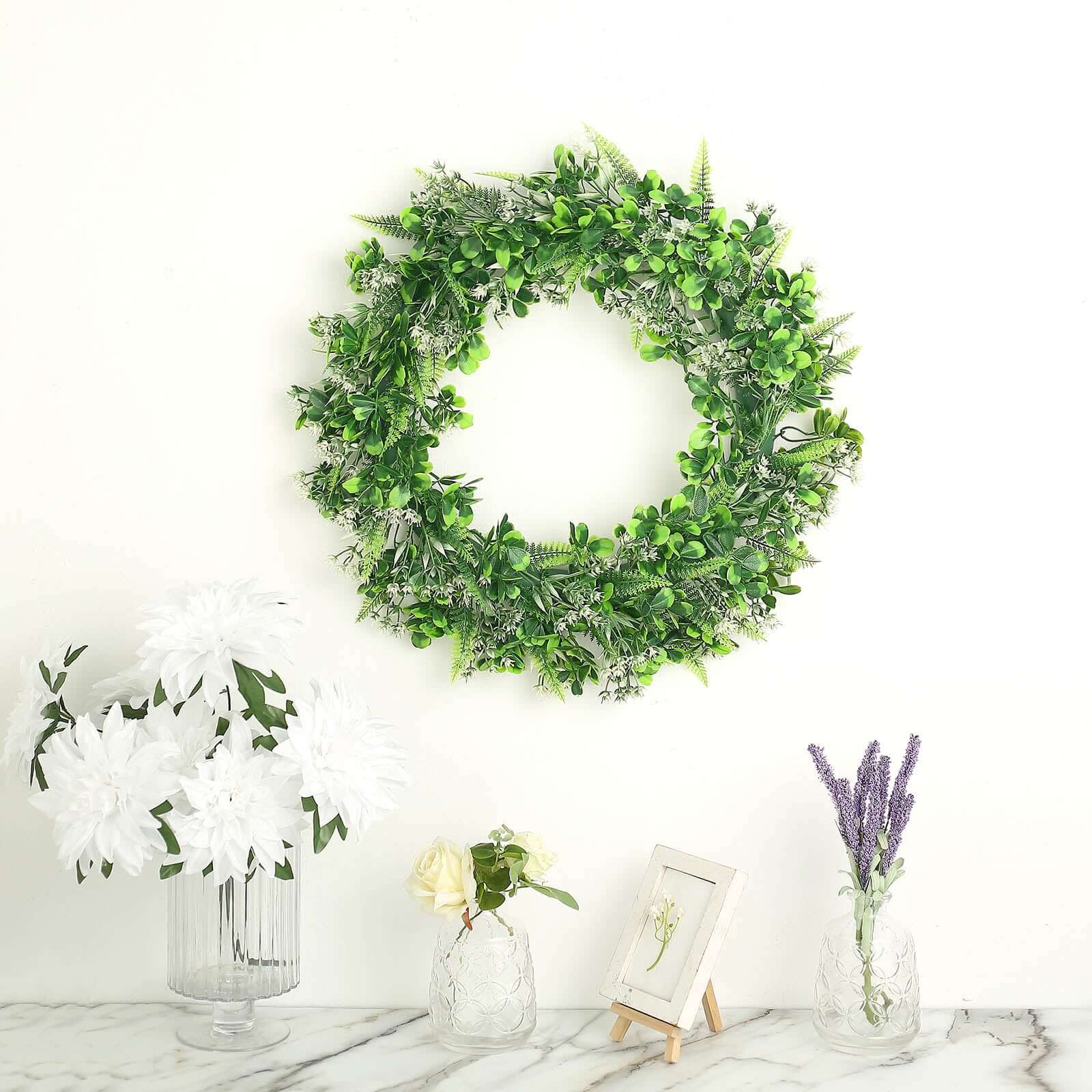 2 Pack 22 White Green Artificial Lifelike Boxwood Fern Mix Spring Wreaths