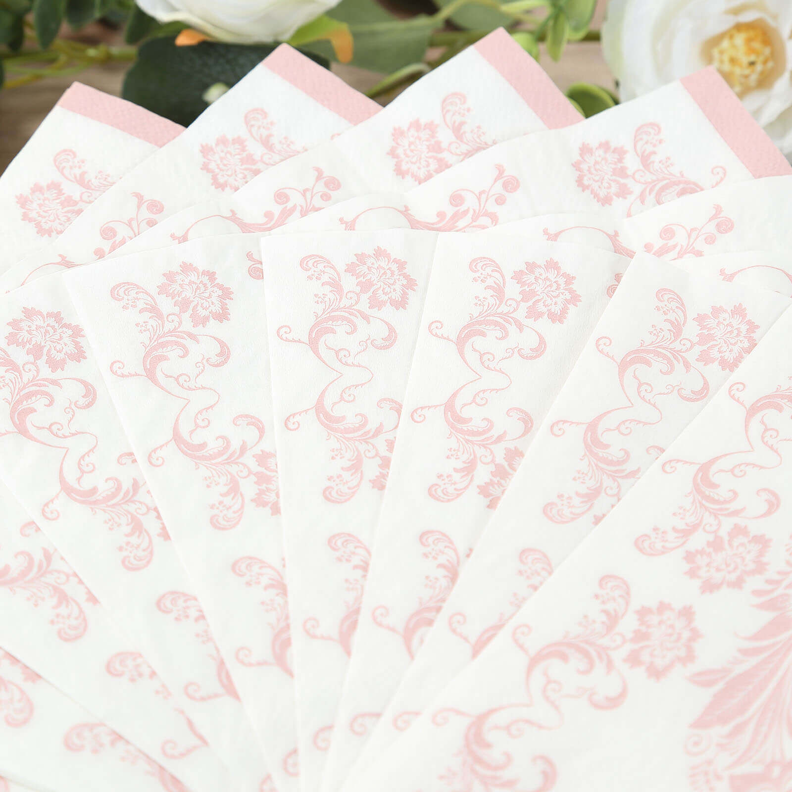 50-Pack Paper Cocktail Napkins with French Toile Floral Pattern White/Pink - Absorbent 2 Ply Disposable Napkins for Beverages