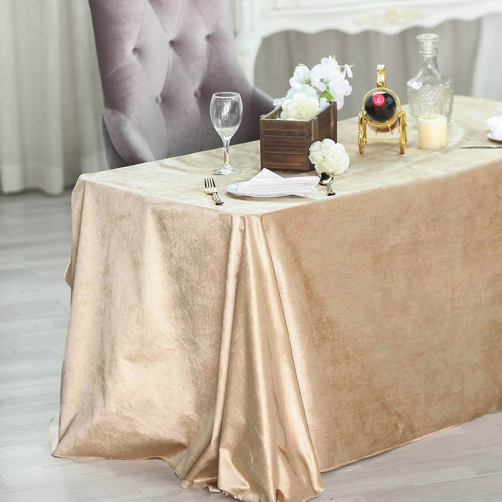 Premium Velvet 90x132 Rectangle Tablecloth Champagne - Reusable Soft & Seamless Table Cover