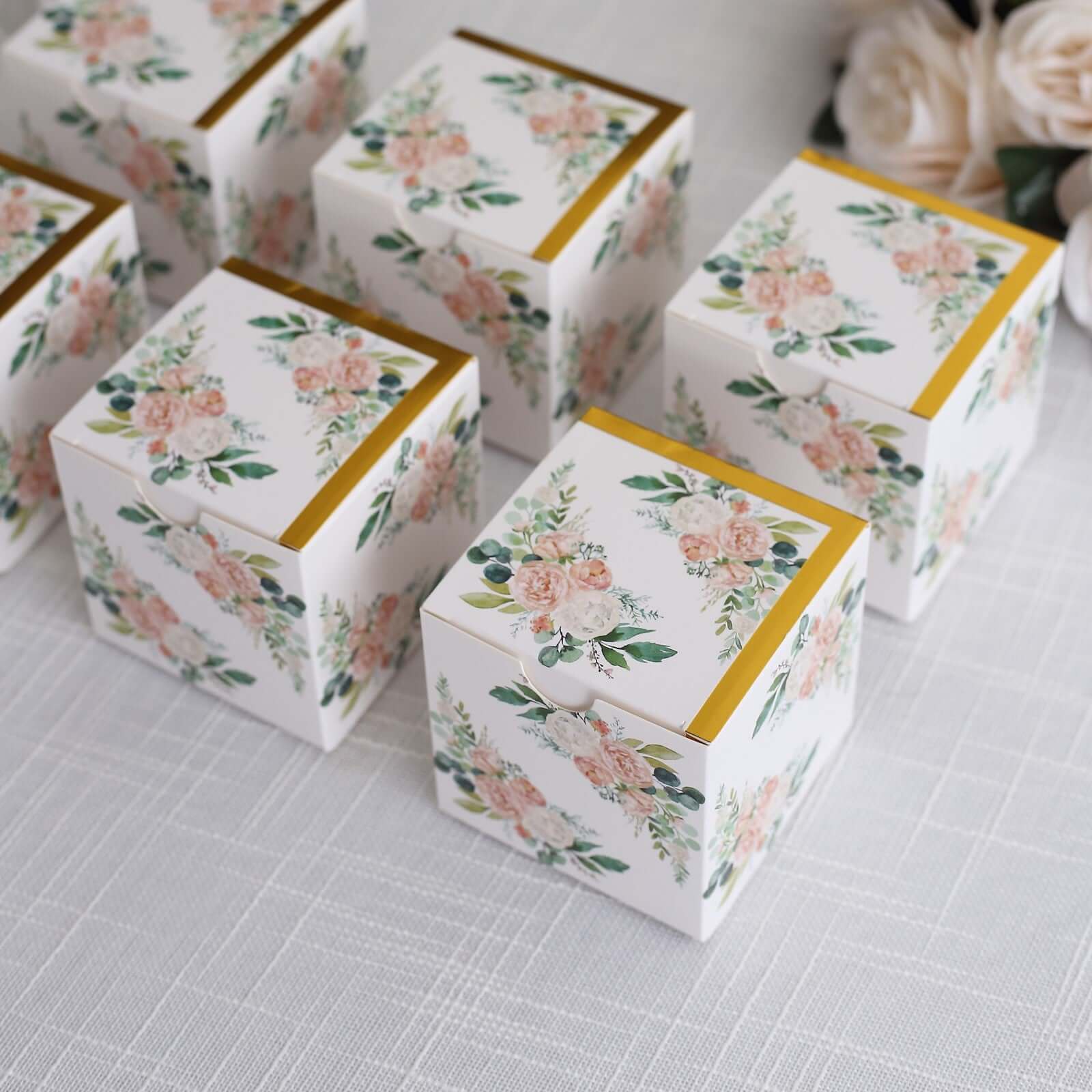 25 Pack White Pink Peony Flowers Print Paper Favor Boxes with Gold Edge, Cardstock Party Shower Candy Gift Boxes - 3x3x3