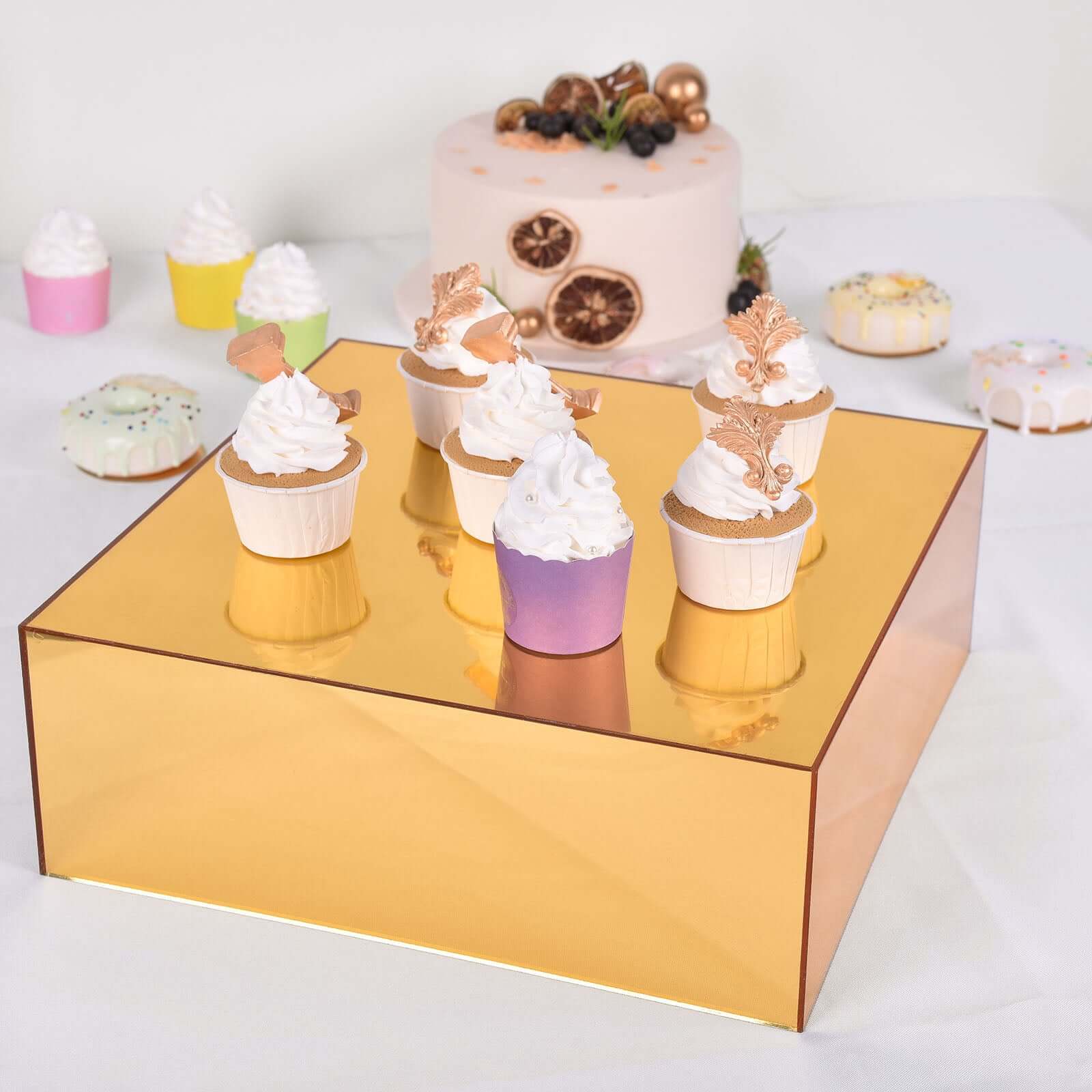 Acrylic Cake Box Stand Pedestal Riser Mirror Finish Gold - Display for Desserts and Events 14x14