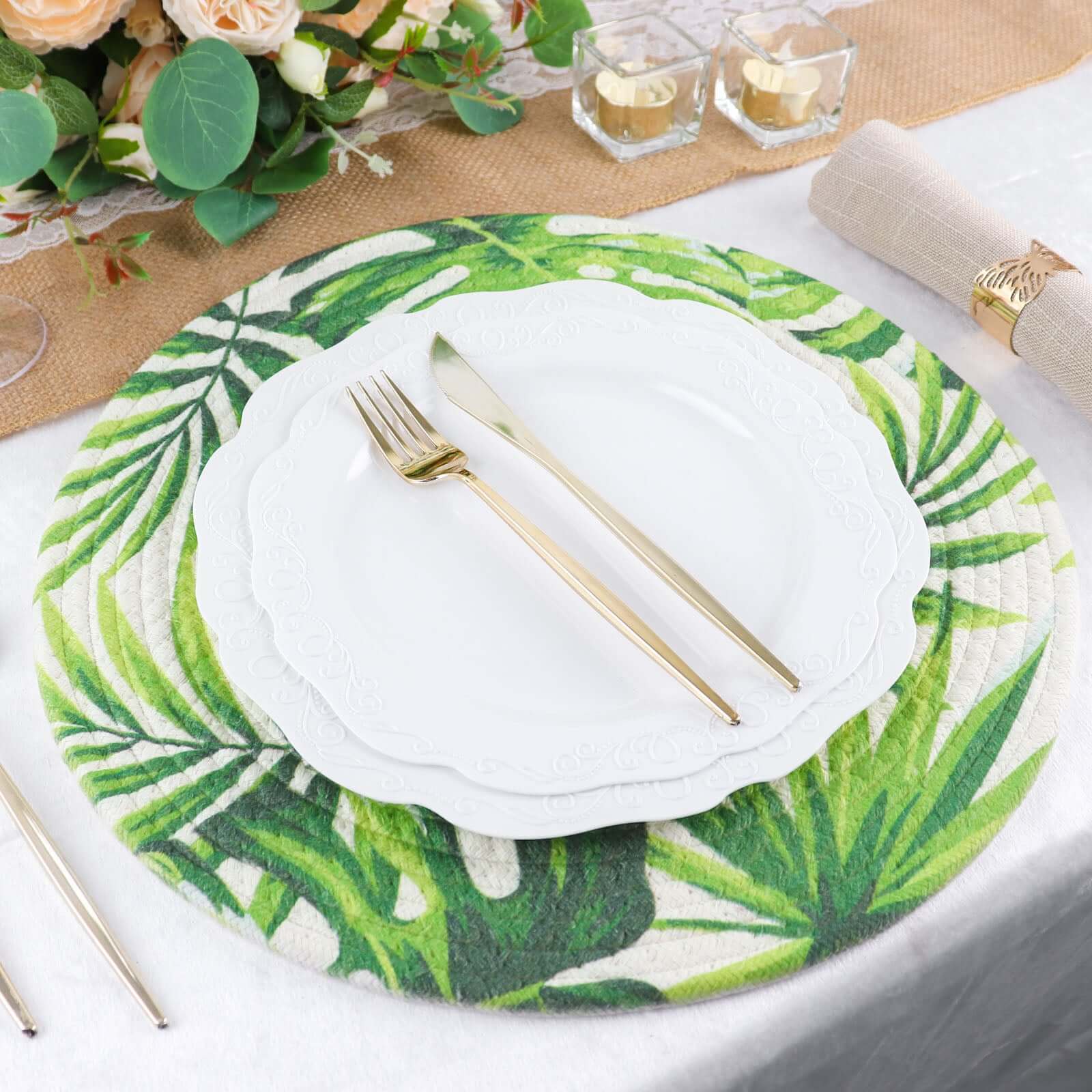 4-Pack Table Placemats Tropical Leaf Design Green Cotton Round - Woven Indoor/Outdoor Dining Mats 15