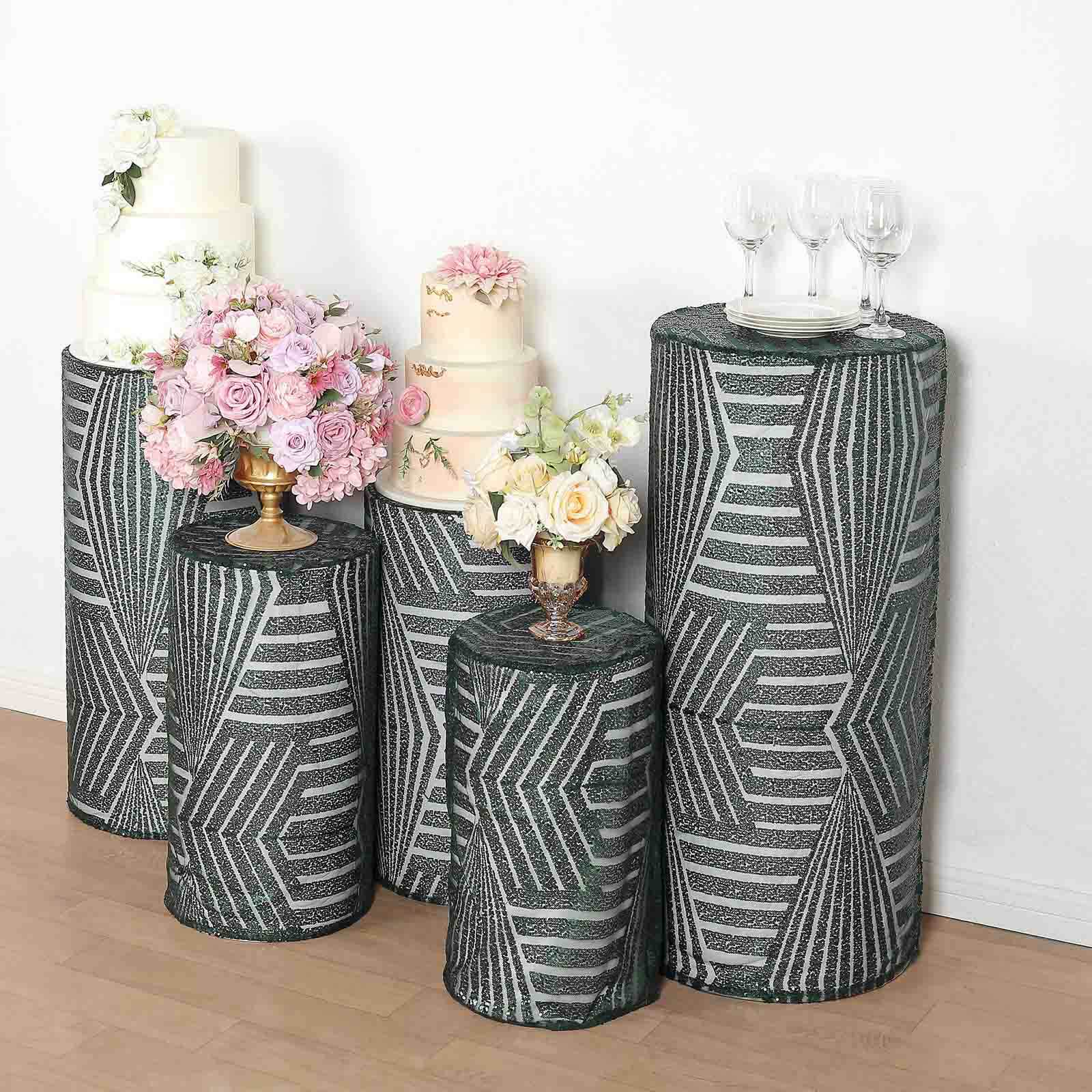 Set of 5 Hunter Emerald Green Sequin Mesh Cylinder Pedestal Stand Covers with Geometric Pattern Embroidery, Sparkly Sheer Tulle Pillar Prop Covers