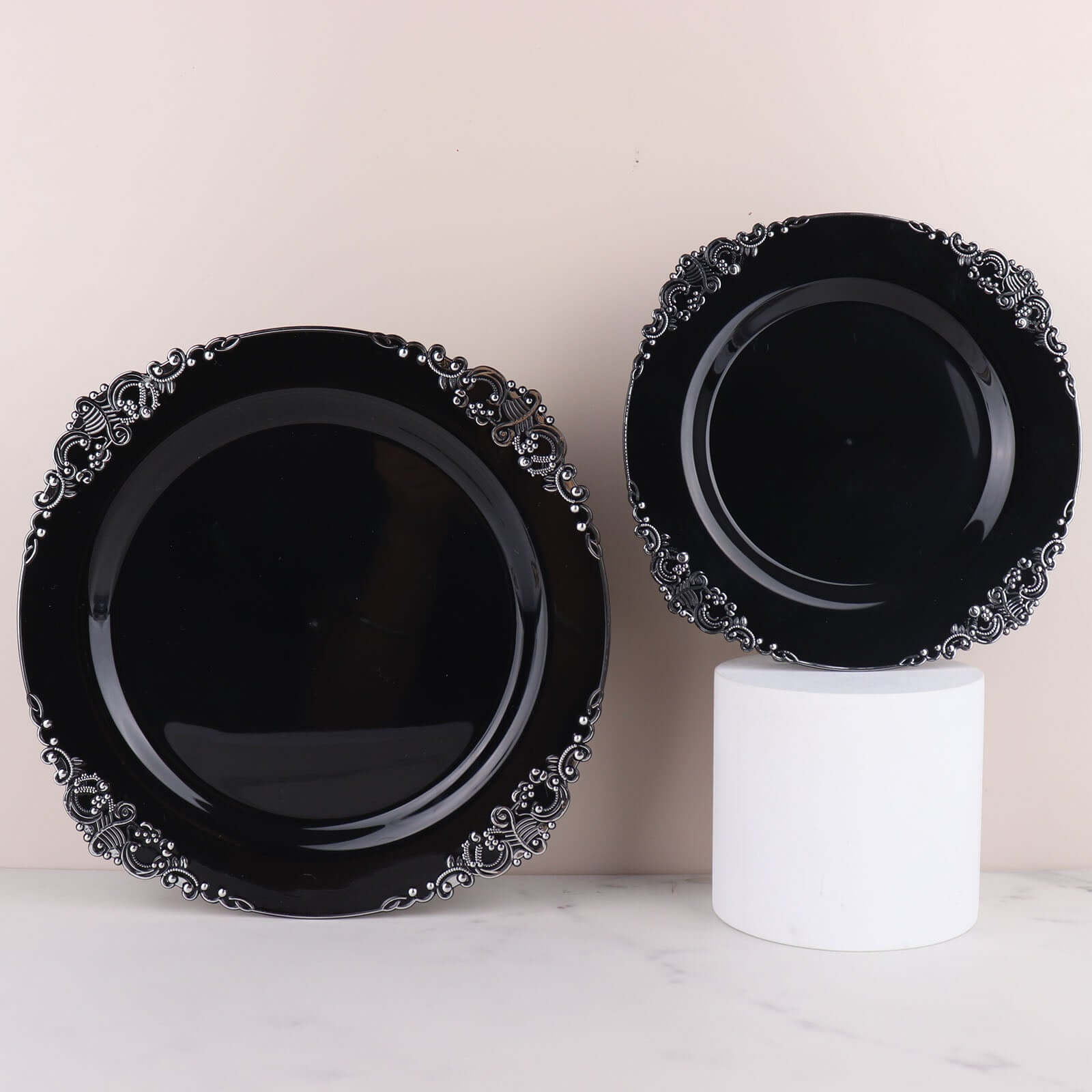 10-Pack Plastic 10 Round Dinner Plates in Black with Silver Leaf Embossed Rim - Disposable Vintage Baroque Style Plates
