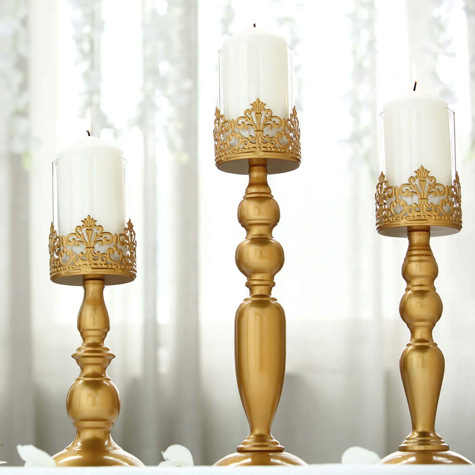 Set of 3 Lace Hurricane Candle Holders Antique Gold with Glass Shades - Chic Pillar Candle Stands 12, 14, 17