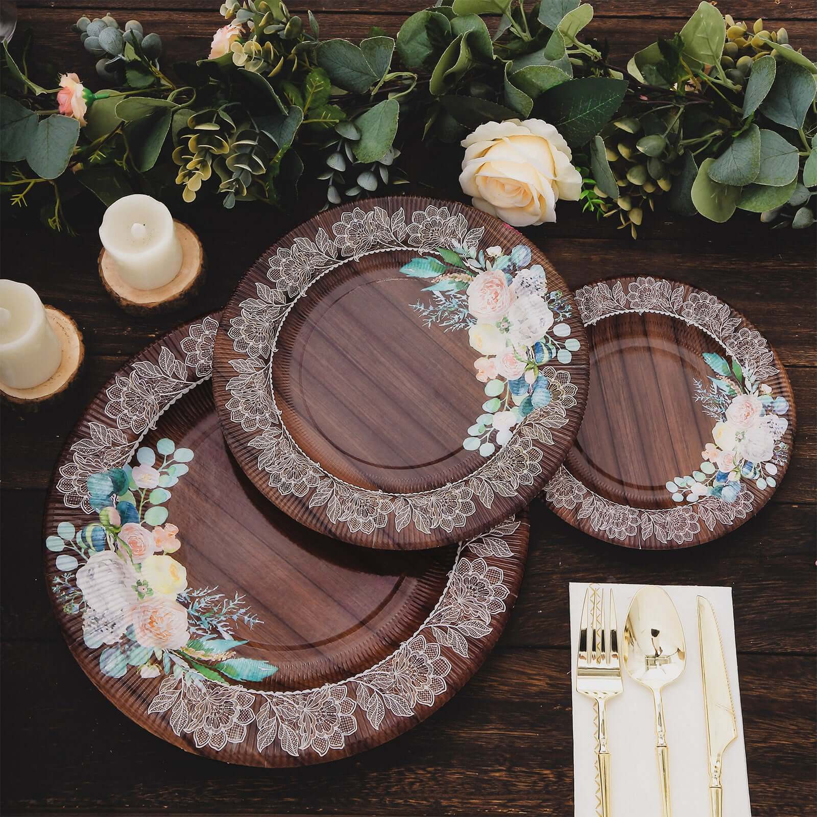 25-Pack Disposable Round Charger Plates in Brown Rustic Wood Print with Floral Lace Rim - Durable Paper Chargers for Rustic Themes & Outdoor Events 13