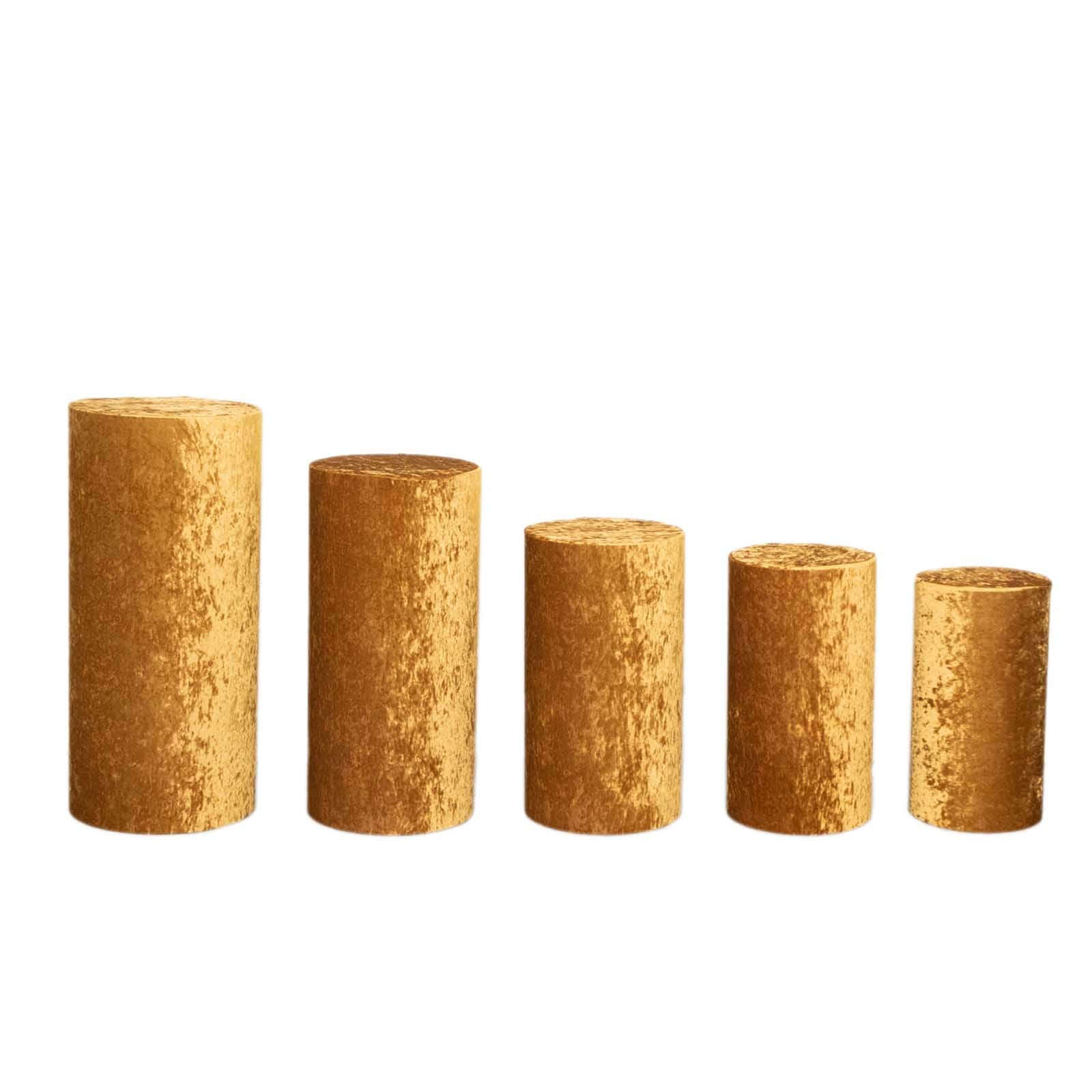 Set of 5 Gold Crushed Velvet Cylinder Pedestal Stand Covers, Premium Pillar Prop Covers