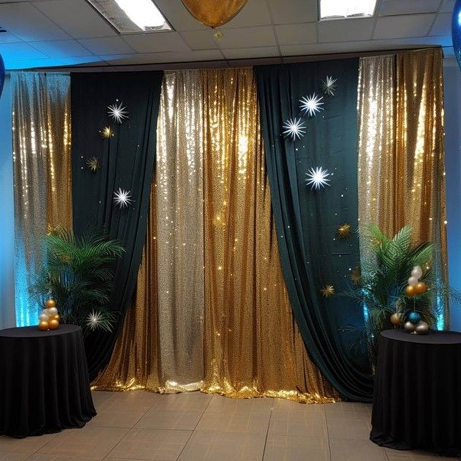 2 Pack Gold Sequin Event Curtain Drapes with Rod Pockets, Seamless Backdrop Event Panels - 8ftx2ft