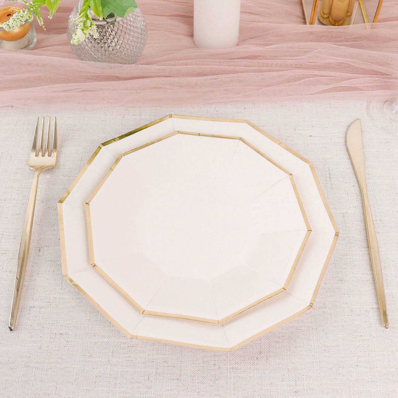 25-Pack Paper 7 Decagon Appetizer Plates in White with Gold Foil Rim - Stylish Geometric Dessert/Salad Plates for Cocktail Parties & Receptions