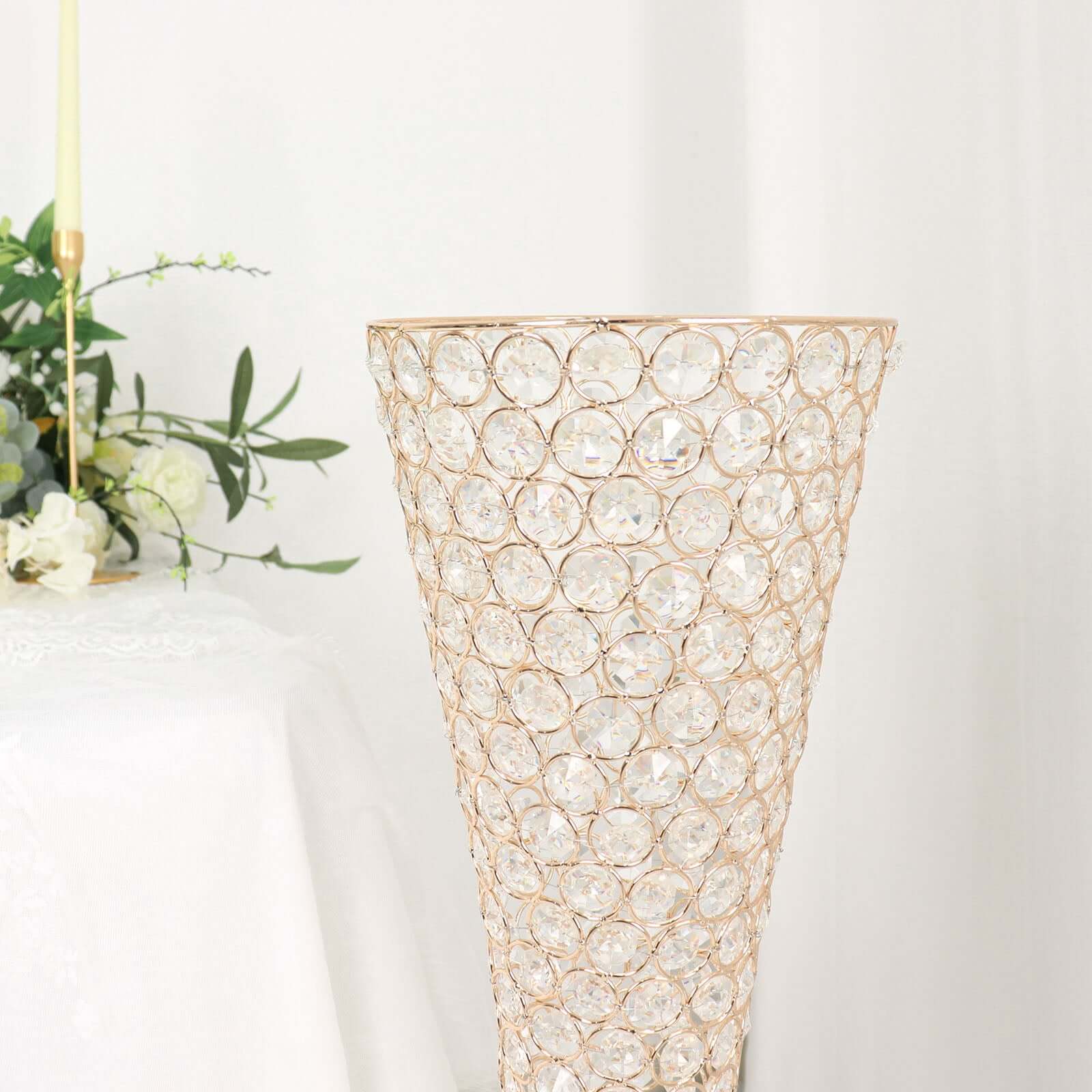 Metal Hurricane Floral Vase Centerpiece Metallic Gold with Crystal Beaded Design - Decorative Table Piece 36