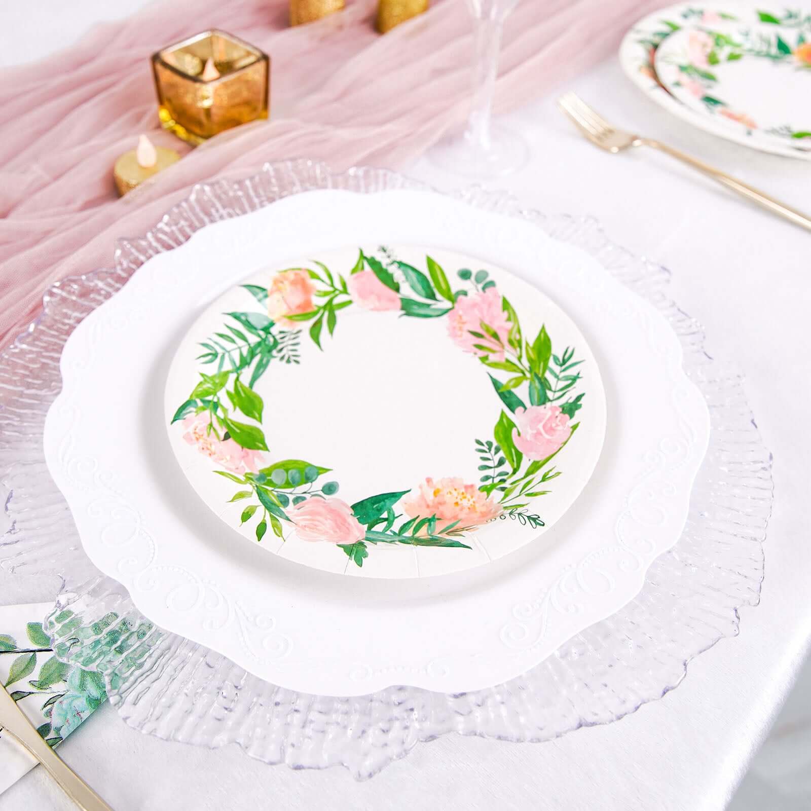 25-Pack Paper 7 Round Dessert Plates in White with Rose/Peony Flower Wreath - Disposable Appetizer Salad Plates for Special Occasions & Gatherings