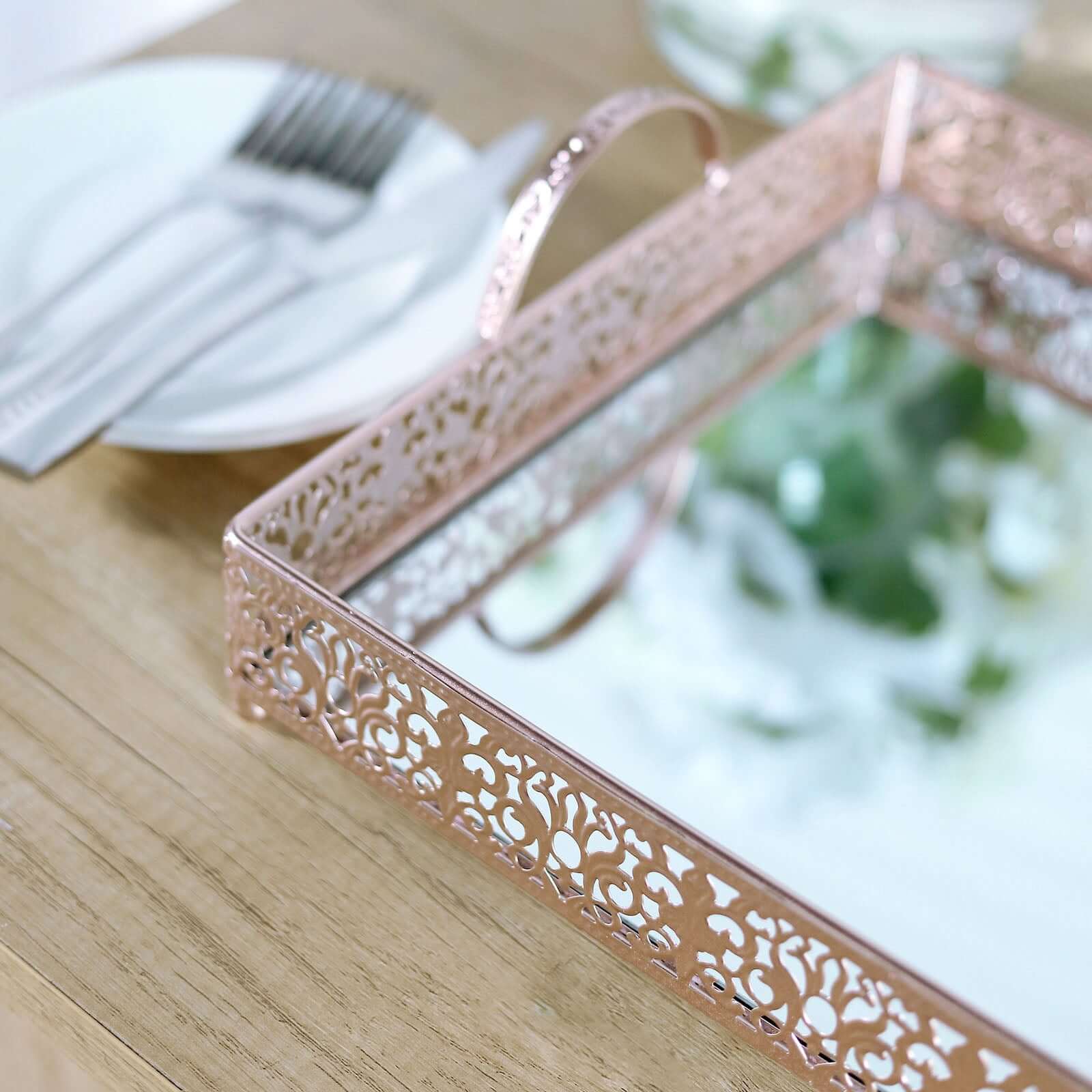 Metal Mirrored Rectangle Serving Tray 16x12 in Rose Gold Fleur De Lis Design with Handles, French Inspired Decorative Vanity Tray Centerpiece