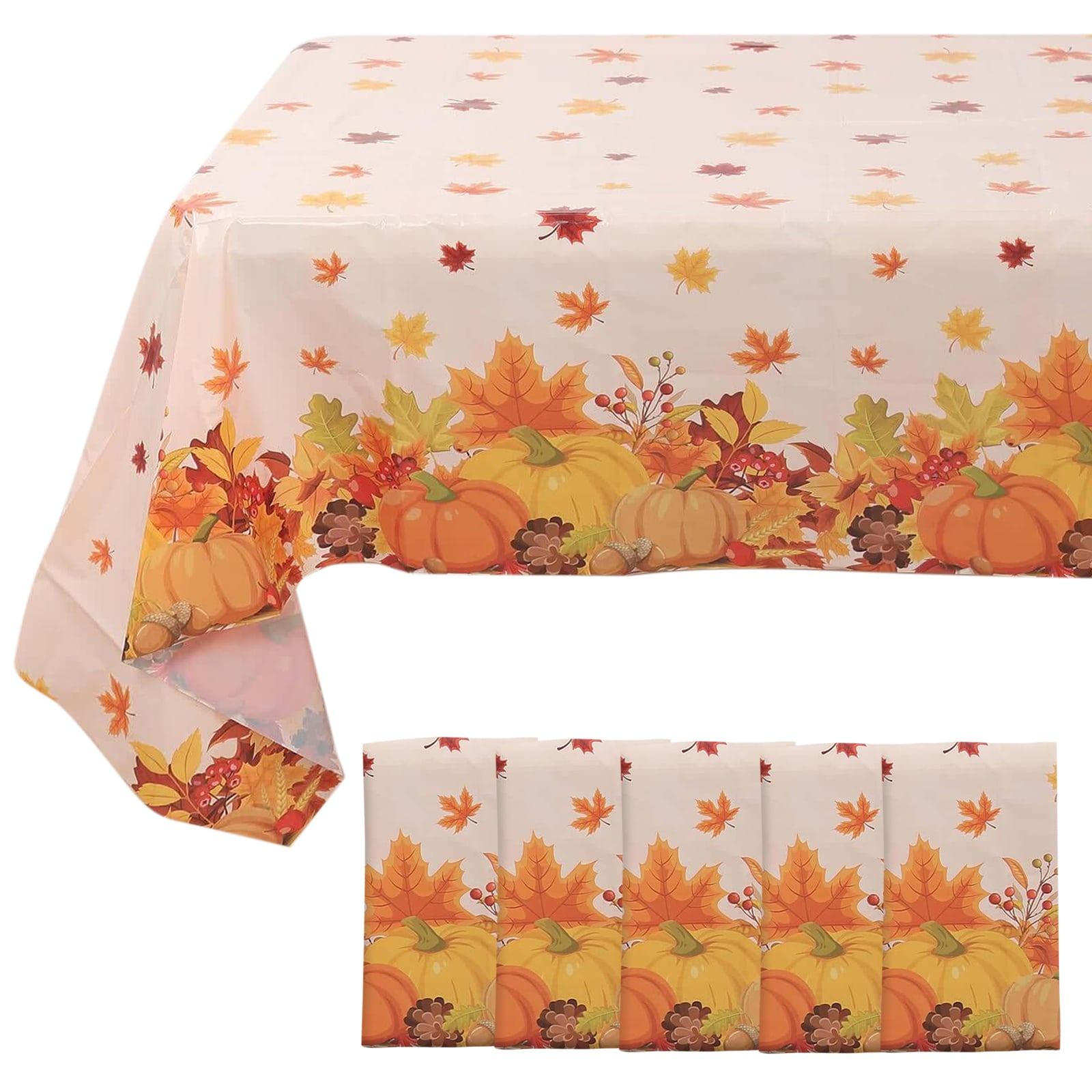 5-Pack Plastic Tablecloths Orange Thanksgiving Rectangle with Fall Leaves Pumpkin Print - Festive PVC Disposable Table Covers 54x108