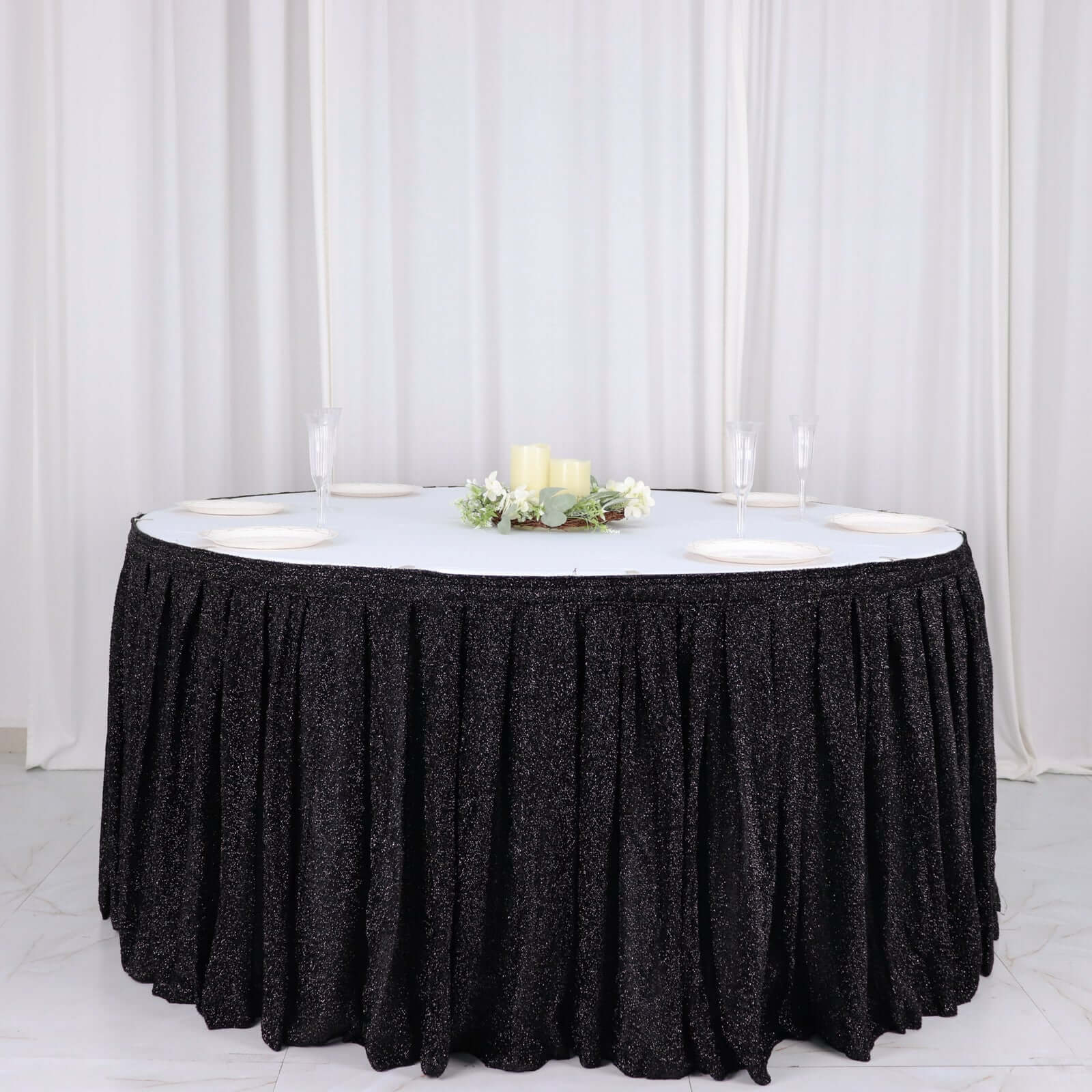 Spandex 17ft Table Skirt Black Pleated Metallic Shimmer Tinsel with Top Velcro Strip Table Cover