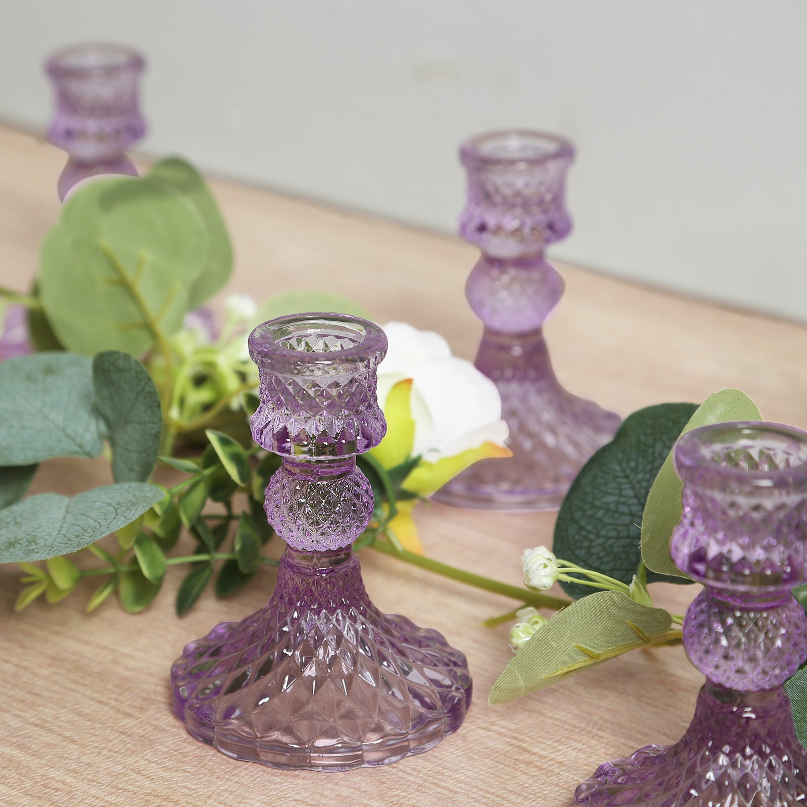 6-Pack Glass Taper Candlestick Holders Diamond Pattern Design Lavender Lilac - Reversible Crystal Pillar Votive Stands 4