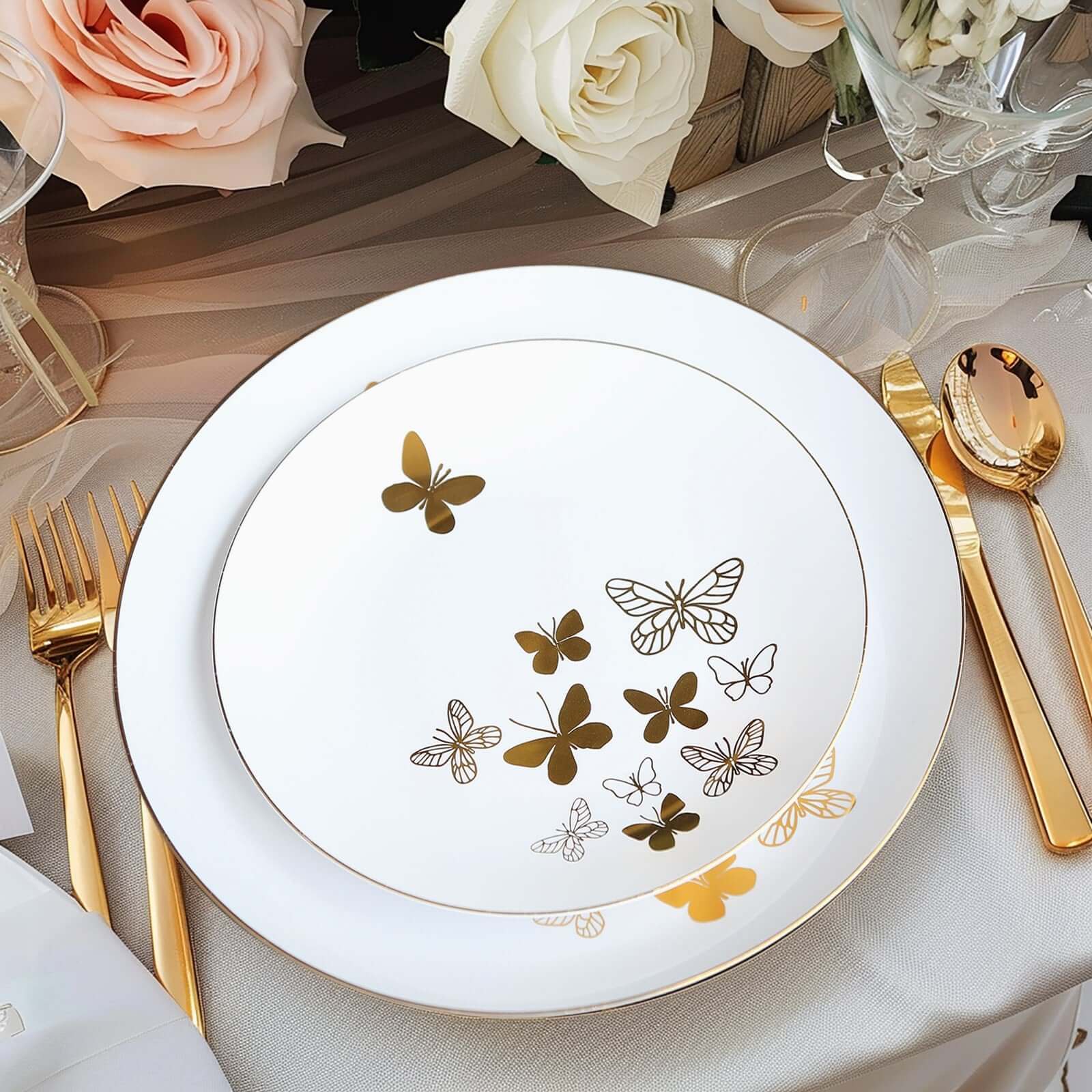 Set of 20 Plastic Round Dinner and Salad Plates in White with Gold Butterfly Design & Gold Rim - Stylish Disposable Dinnerware for Buffets & Catered Events 8, 10