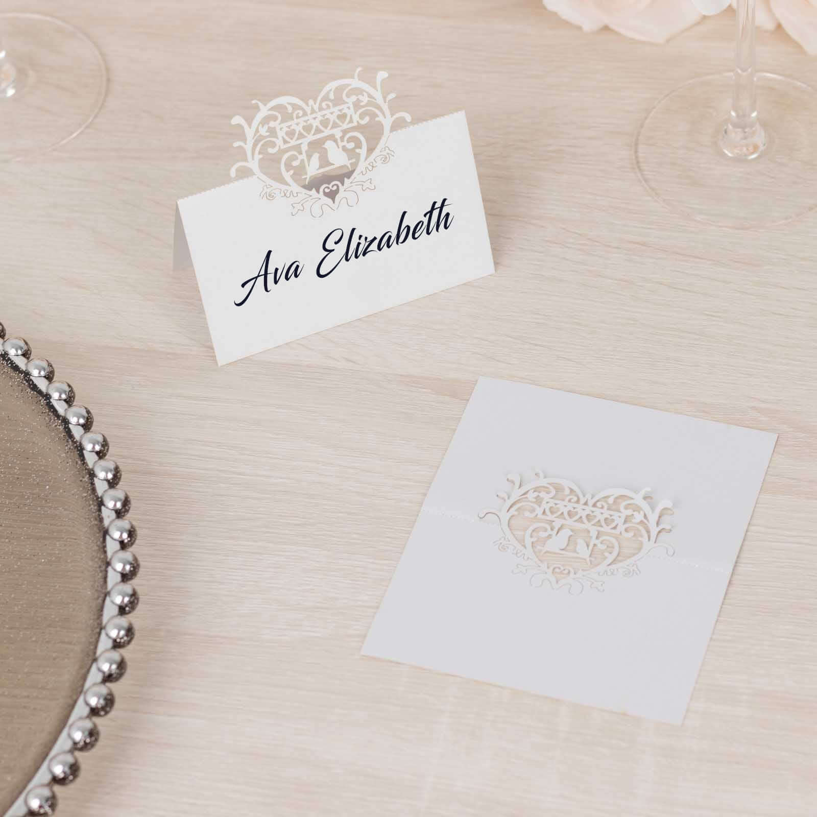 50-Pack Wedding Place Cards with Laser Cut Hollow Heart Design White - Printable Reservation Seating Tent Cards 210 GSM