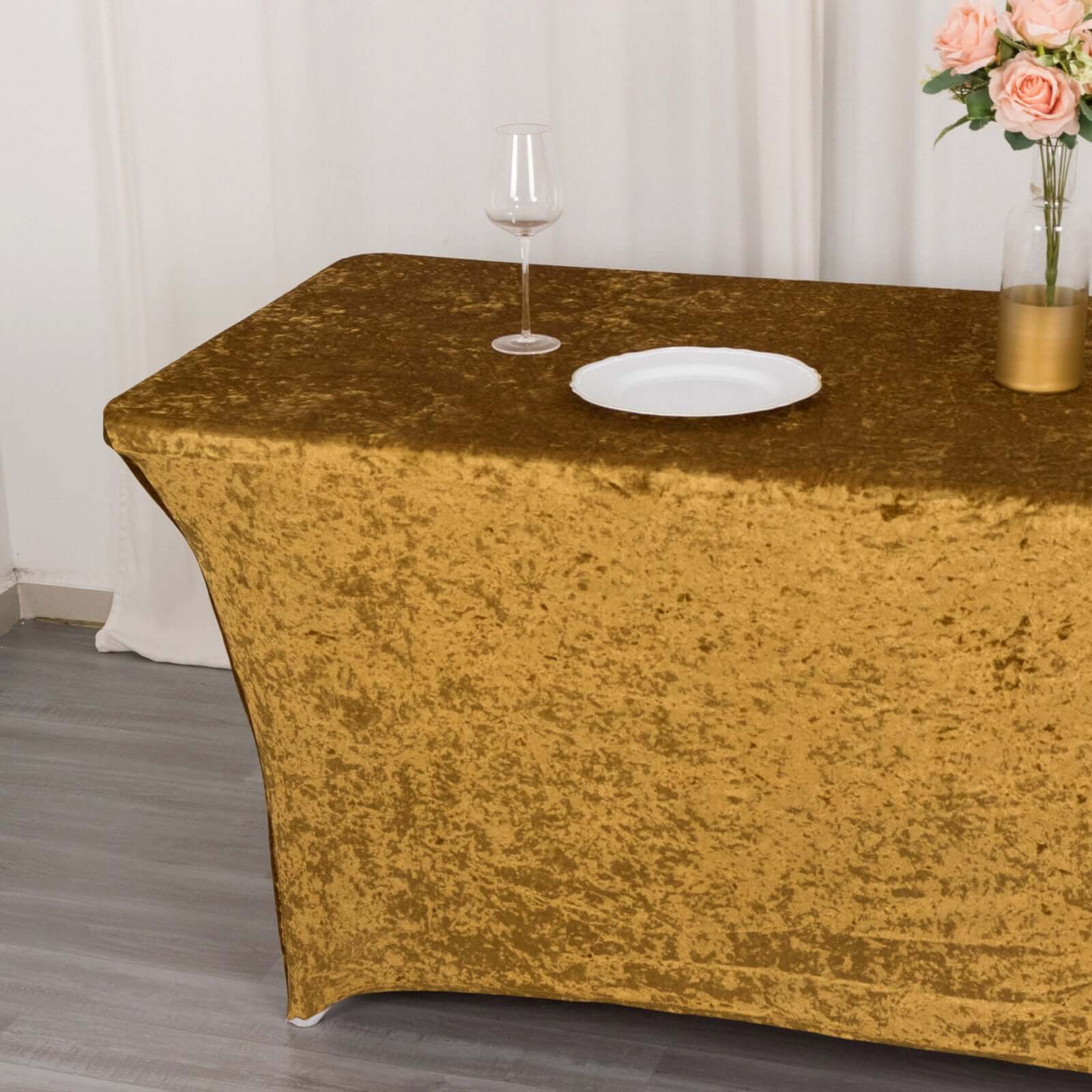 Crushed Velvet Fitted Rectangular 6ft Table Cover Gold - Wrinkle-Free Stretchy Tablecloth