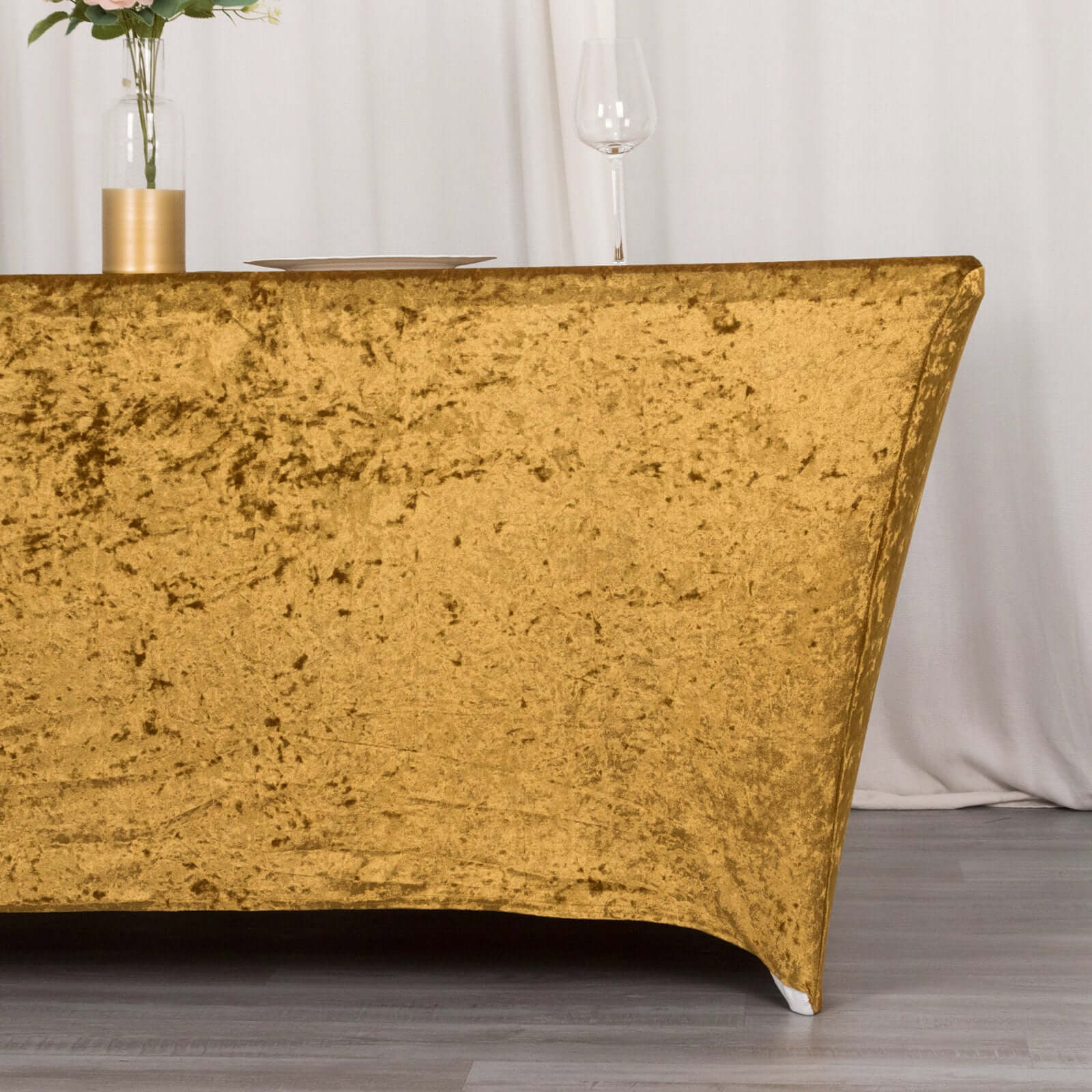 Crushed Velvet Fitted Rectangular 6ft Table Cover Gold - Wrinkle-Free Stretchy Tablecloth