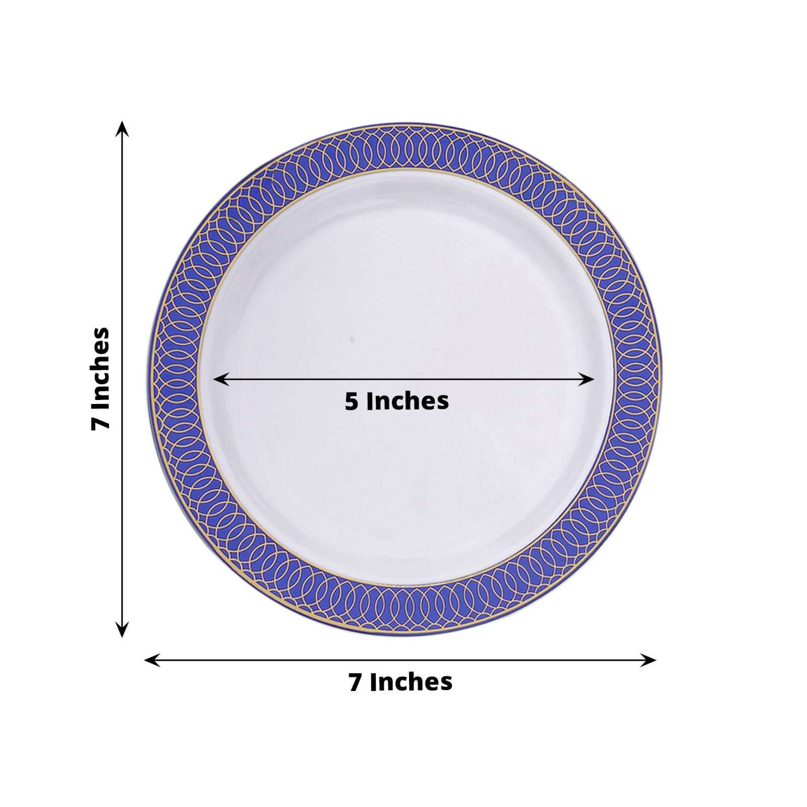 10-Pack Plastic Round Dessert Plates 7 White with Navy Blue Gold Spiral Rim - Disposable Salad Plates