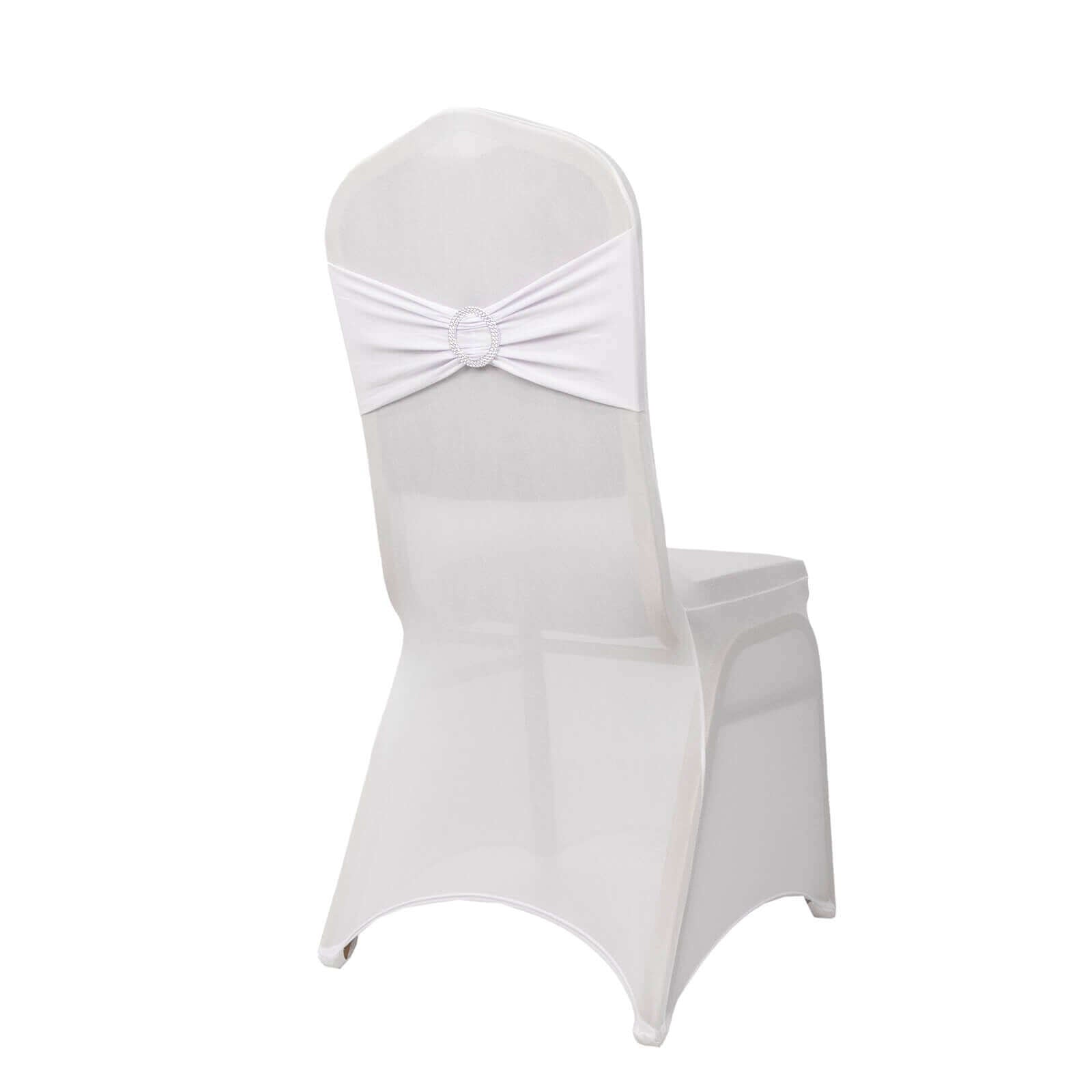 Spandex Chair Cover with White Rhinestone Buckled Sash Band Blush - Stylish Stretch Fitted Slipcover for Banquets & Events