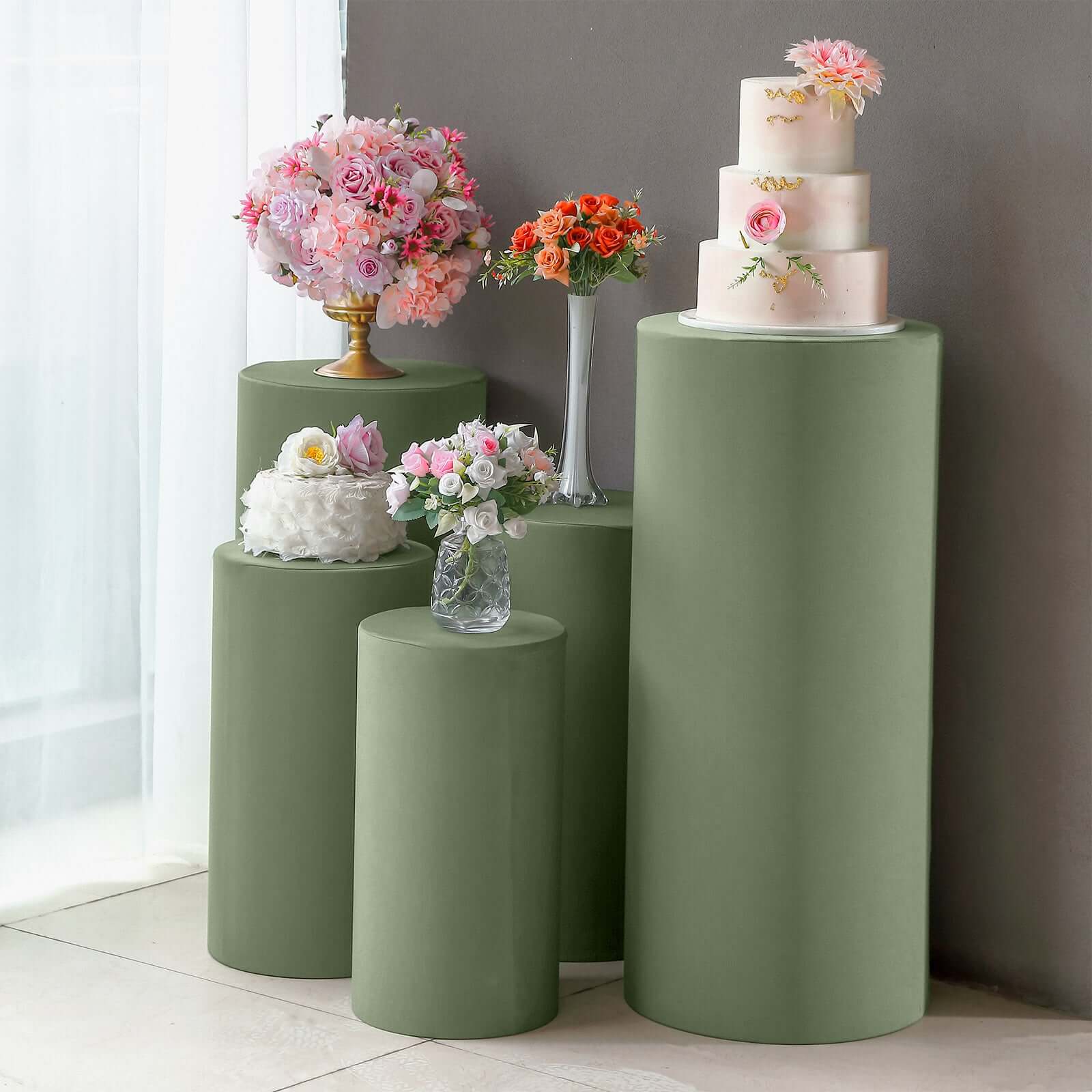 Set of 5 Dusty Sage Green Spandex Cylinder Pedestal Stand Covers, Stretchable Pillar Prop Covers - 160 GSM