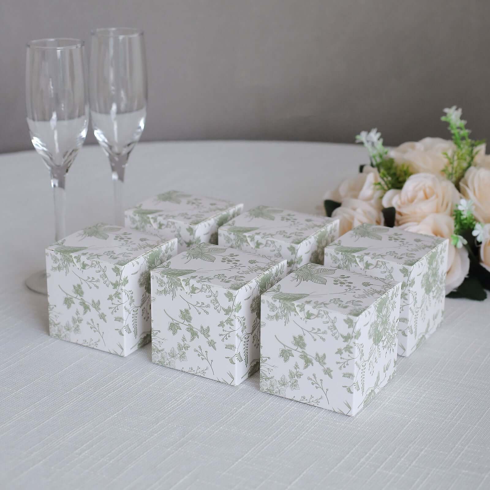 25 Pack White Sage Green Paper Favor Boxes in French Toile Pattern, Cardstock Party Shower Candy Gift Boxes - 3x3x3