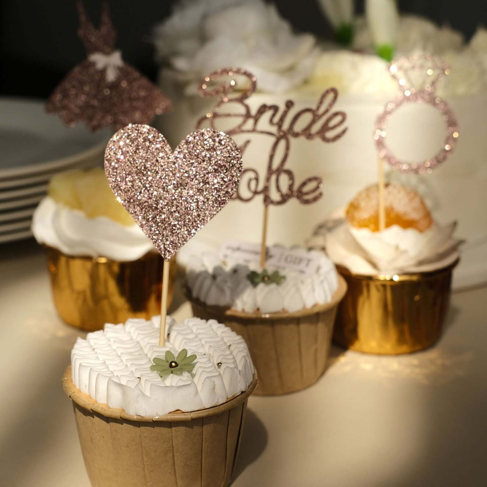 24-Pack Cupcake Topper Picks Bridal Shower Design Rose Gold Glitter - Wedding Cake Decoration Supplies Assorted Styles